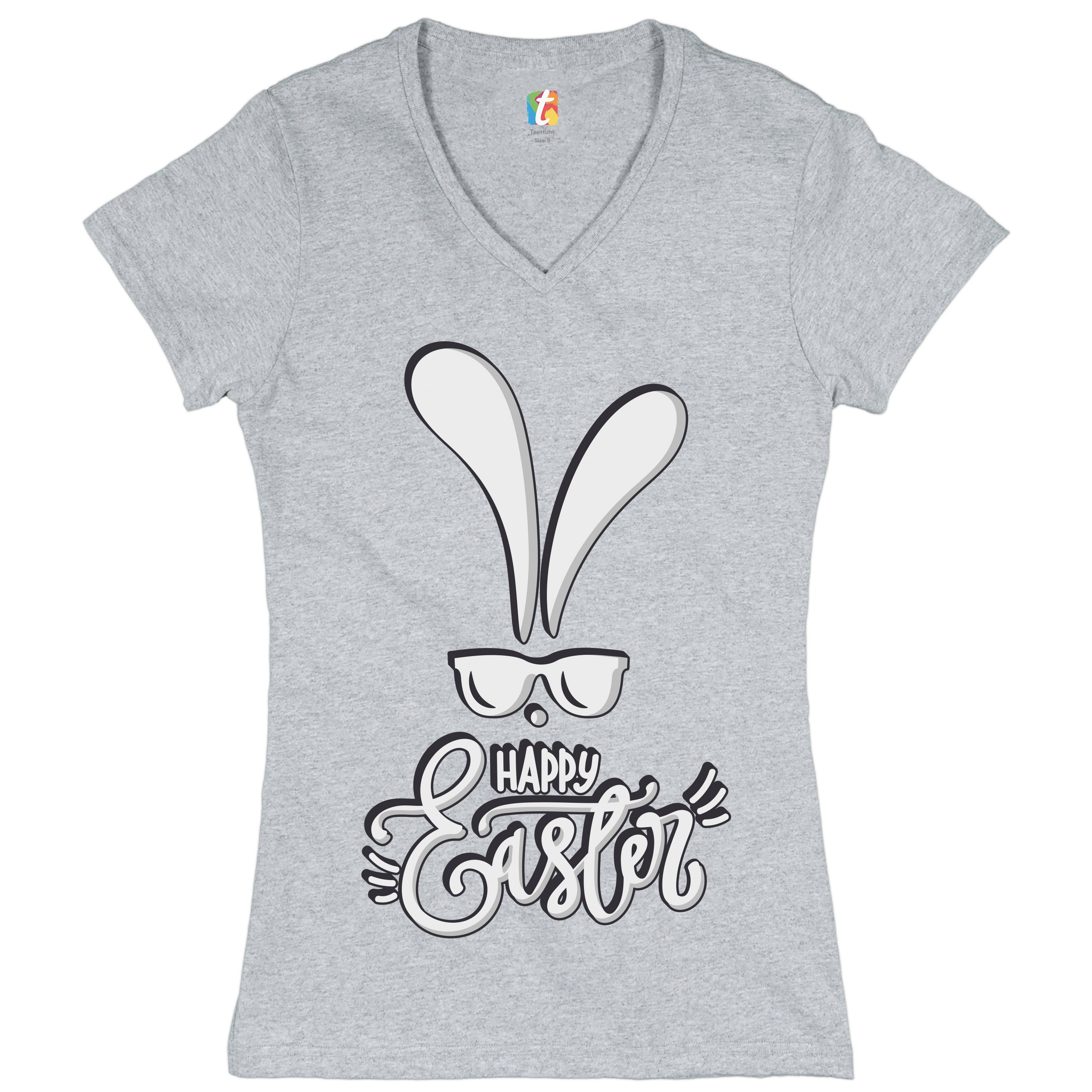 Happy Easter Bunny Ears Women's V-Neck T-shirt Religious Jesus Christ Tee - Picture 15 of 77