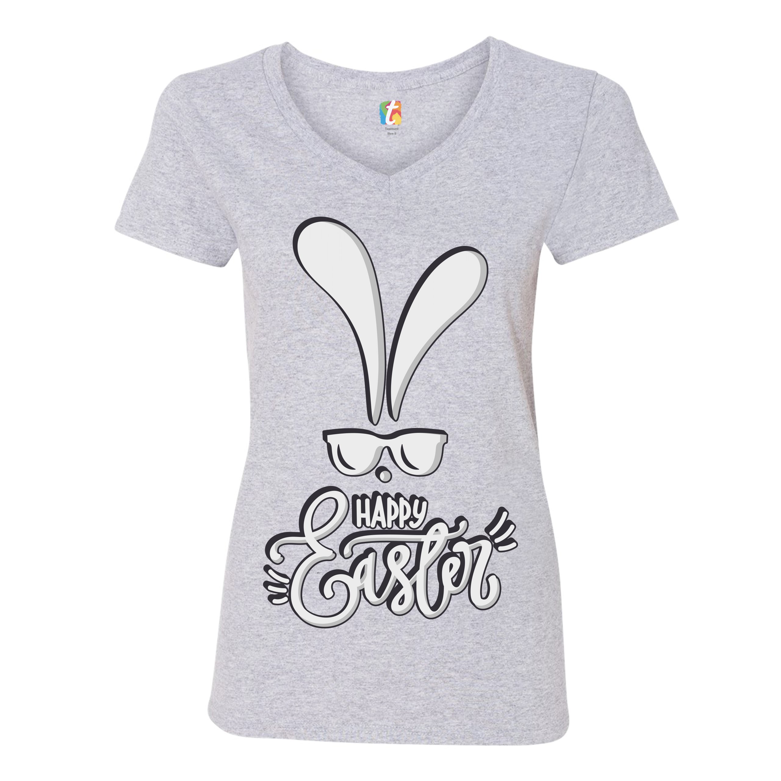 Happy Easter Bunny Ears Women's V-Neck T-shirt Religious Jesus Christ Tee - Picture 16 of 77