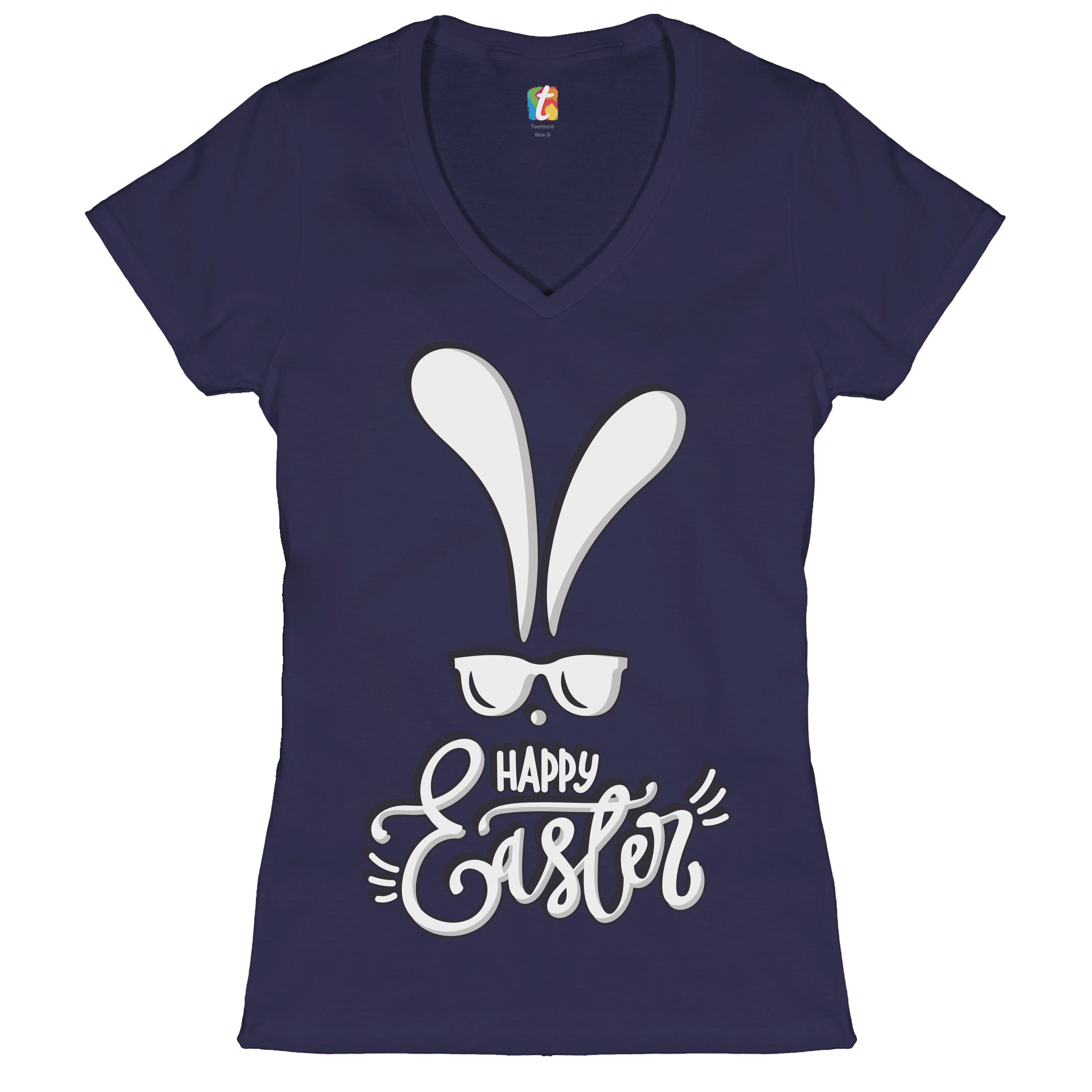 Happy Easter Bunny Ears Women's V-Neck T-shirt Religious Jesus Christ Tee - Picture 43 of 77