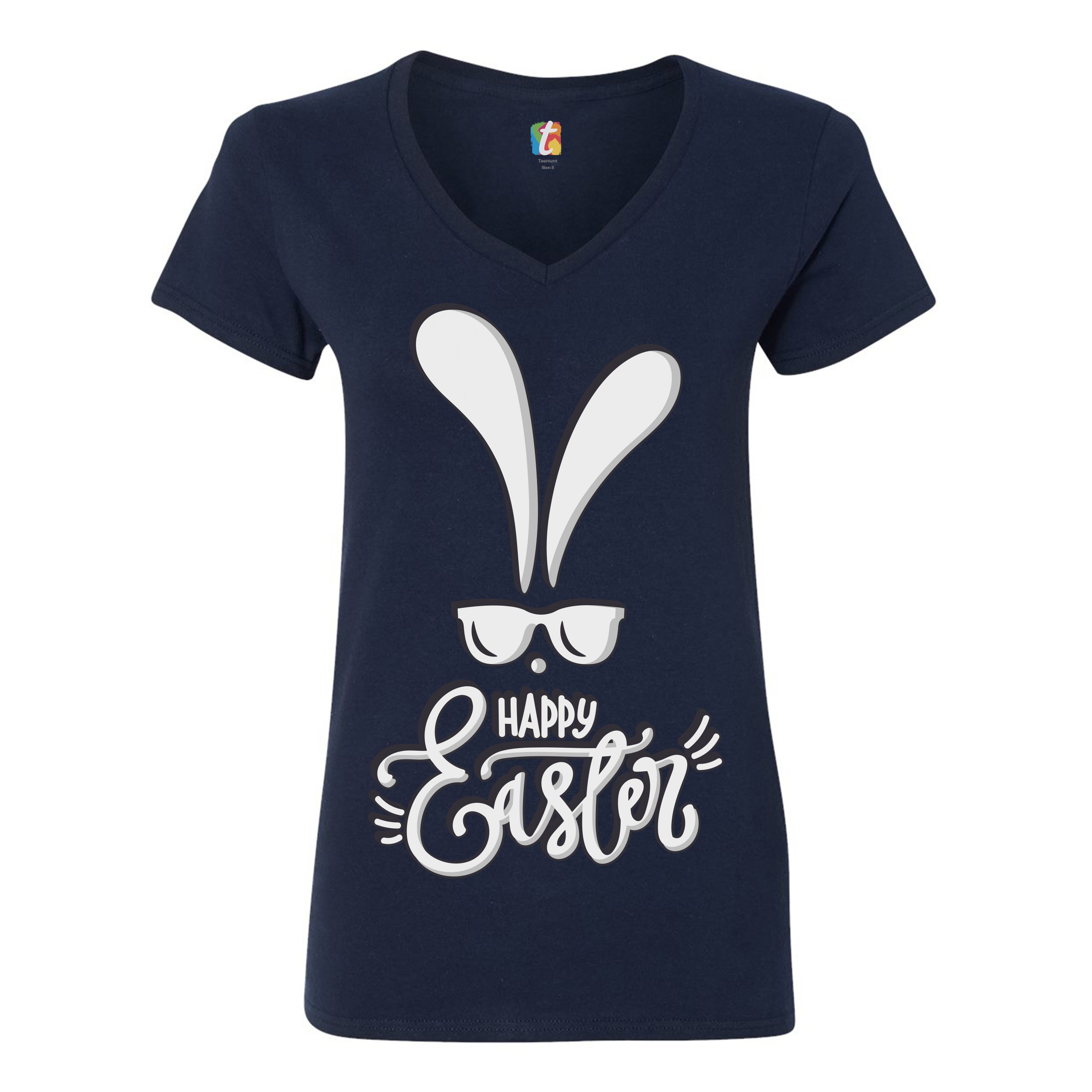 Happy Easter Bunny Ears Women's V-Neck T-shirt Religious Jesus Christ Tee - Picture 44 of 77