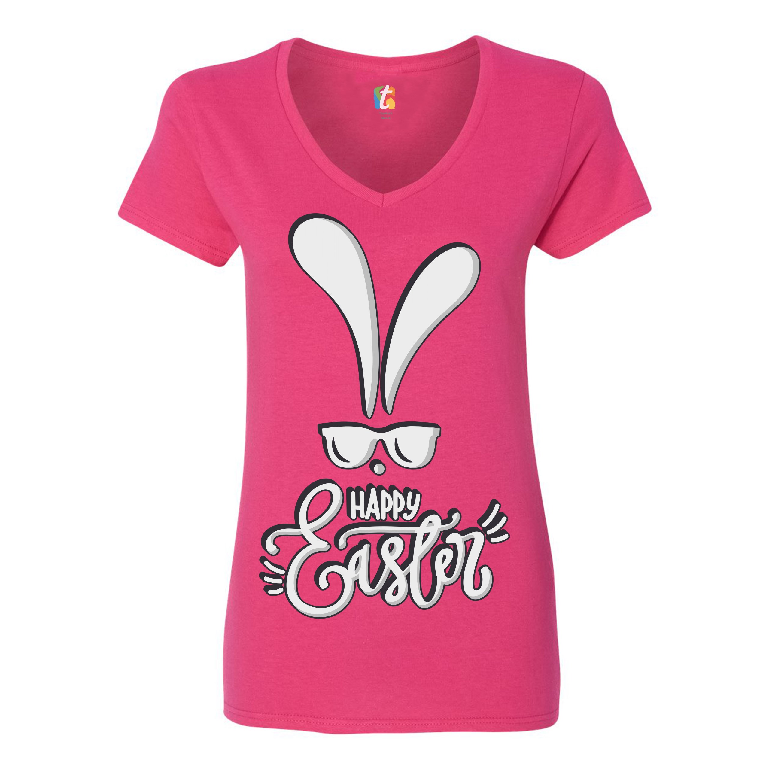 Happy Easter Bunny Ears Women's V-Neck T-shirt Religious Jesus Christ Tee - Picture 65 of 77