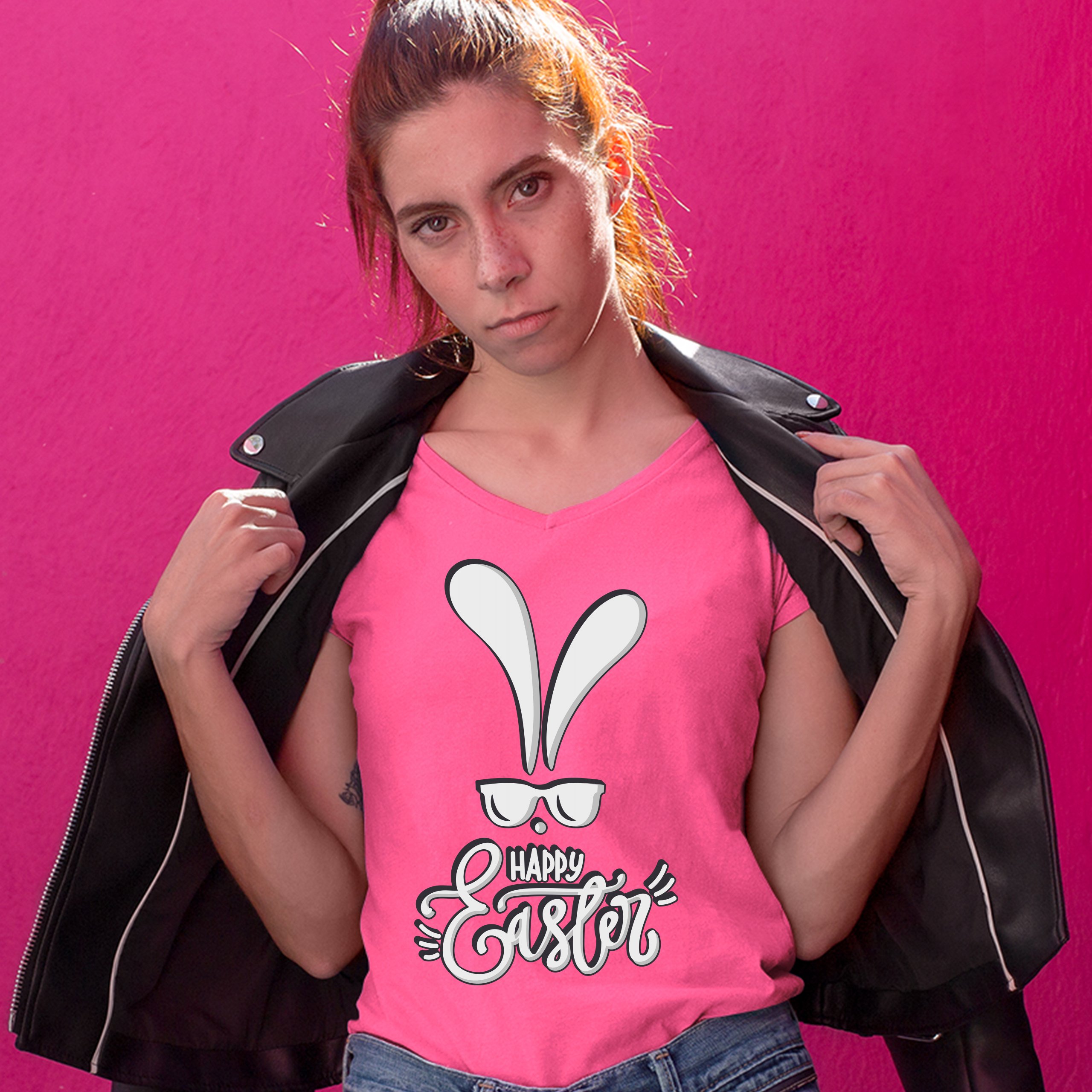 Happy Easter Bunny Ears Women's V-Neck T-shirt Religious Jesus Christ Tee - Picture 67 of 77