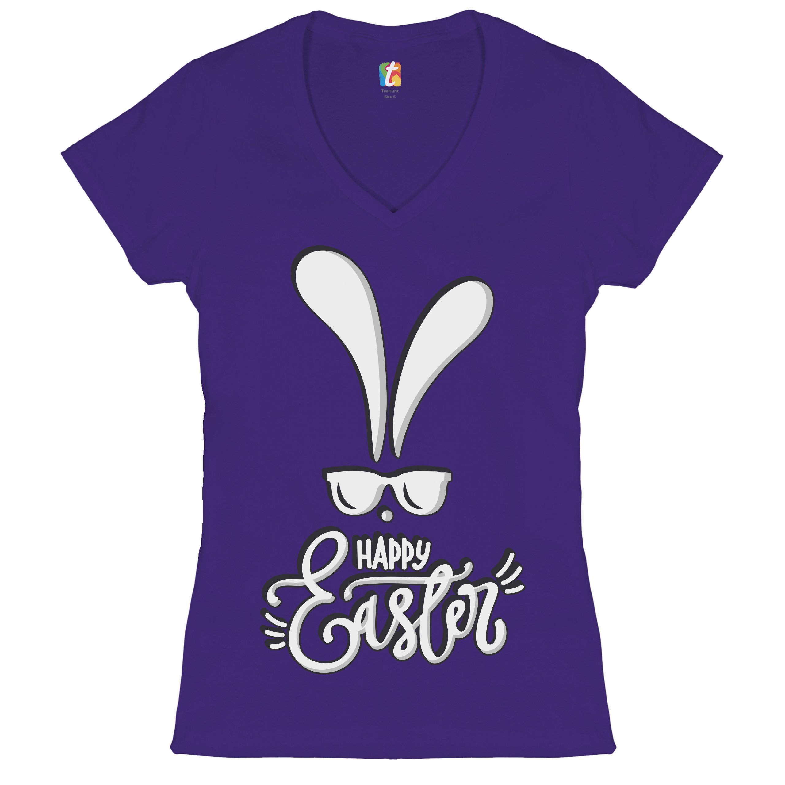 Happy Easter Bunny Ears Women's V-Neck T-shirt Religious Jesus Christ Tee - Picture 22 of 77