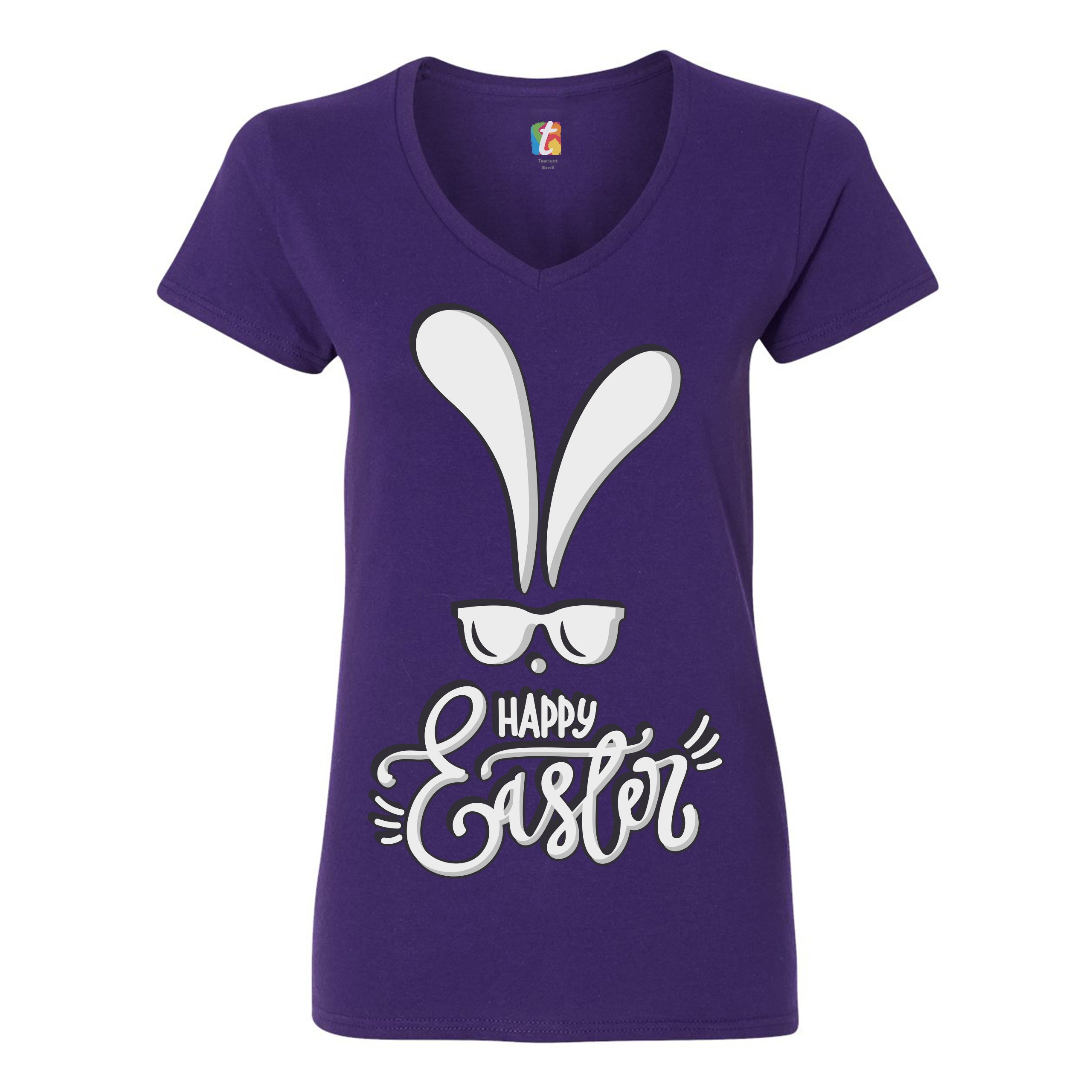 Happy Easter Bunny Ears Women's V-Neck T-shirt Religious Jesus Christ Tee - Picture 23 of 77