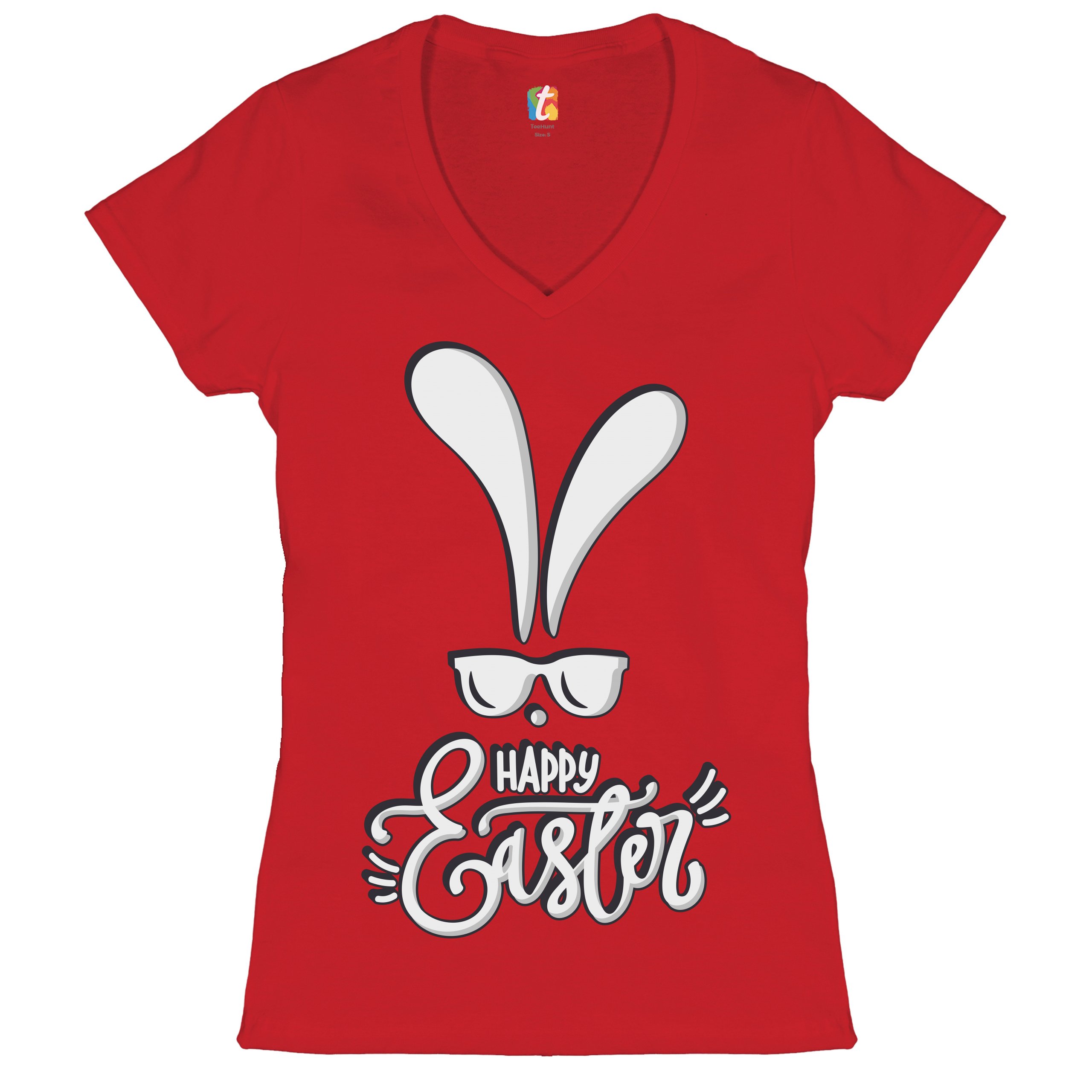 Happy Easter Bunny Ears Women's V-Neck T-shirt Religious Jesus Christ Tee - Picture 29 of 77