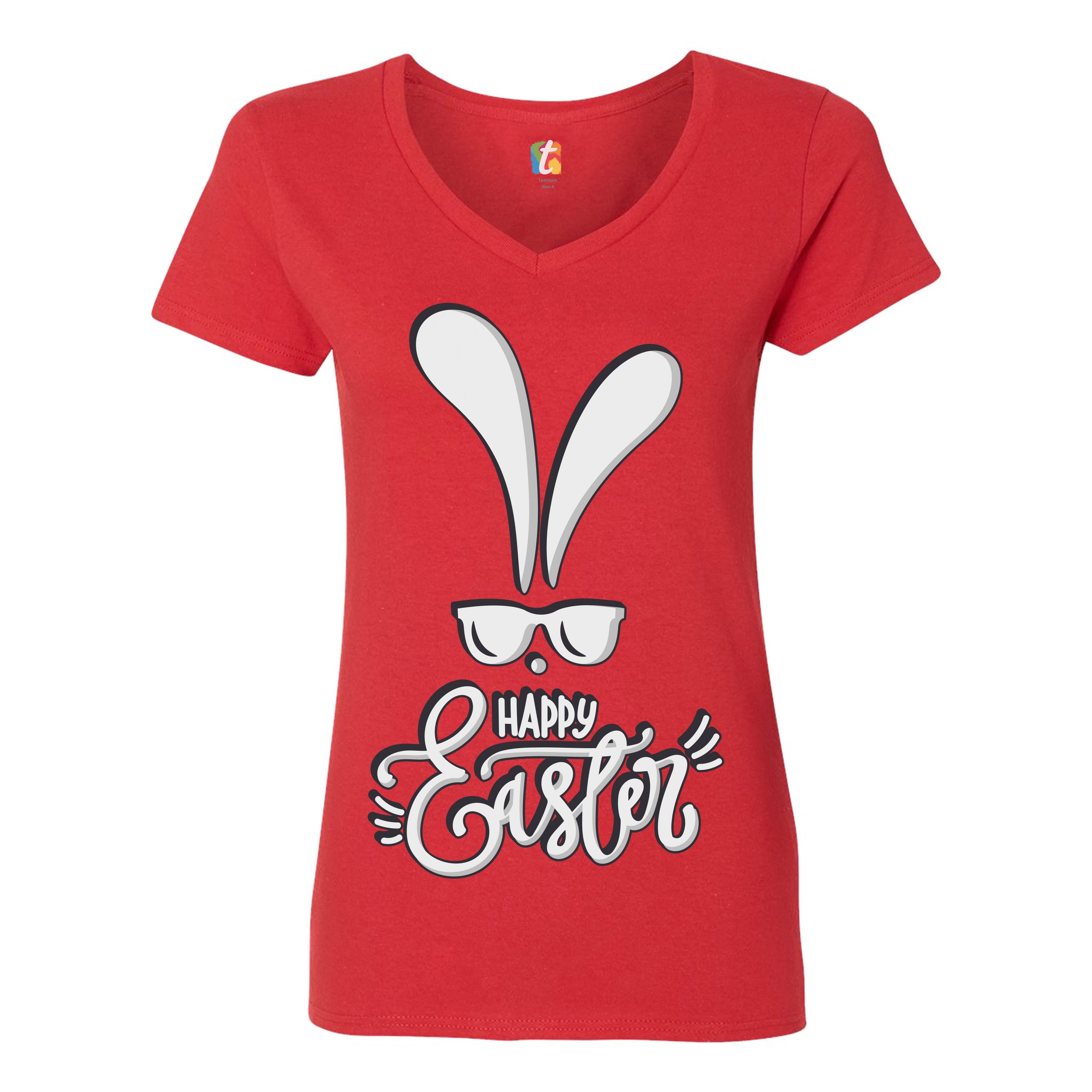 Happy Easter Bunny Ears Women's V-Neck T-shirt Religious Jesus Christ Tee - Picture 30 of 77