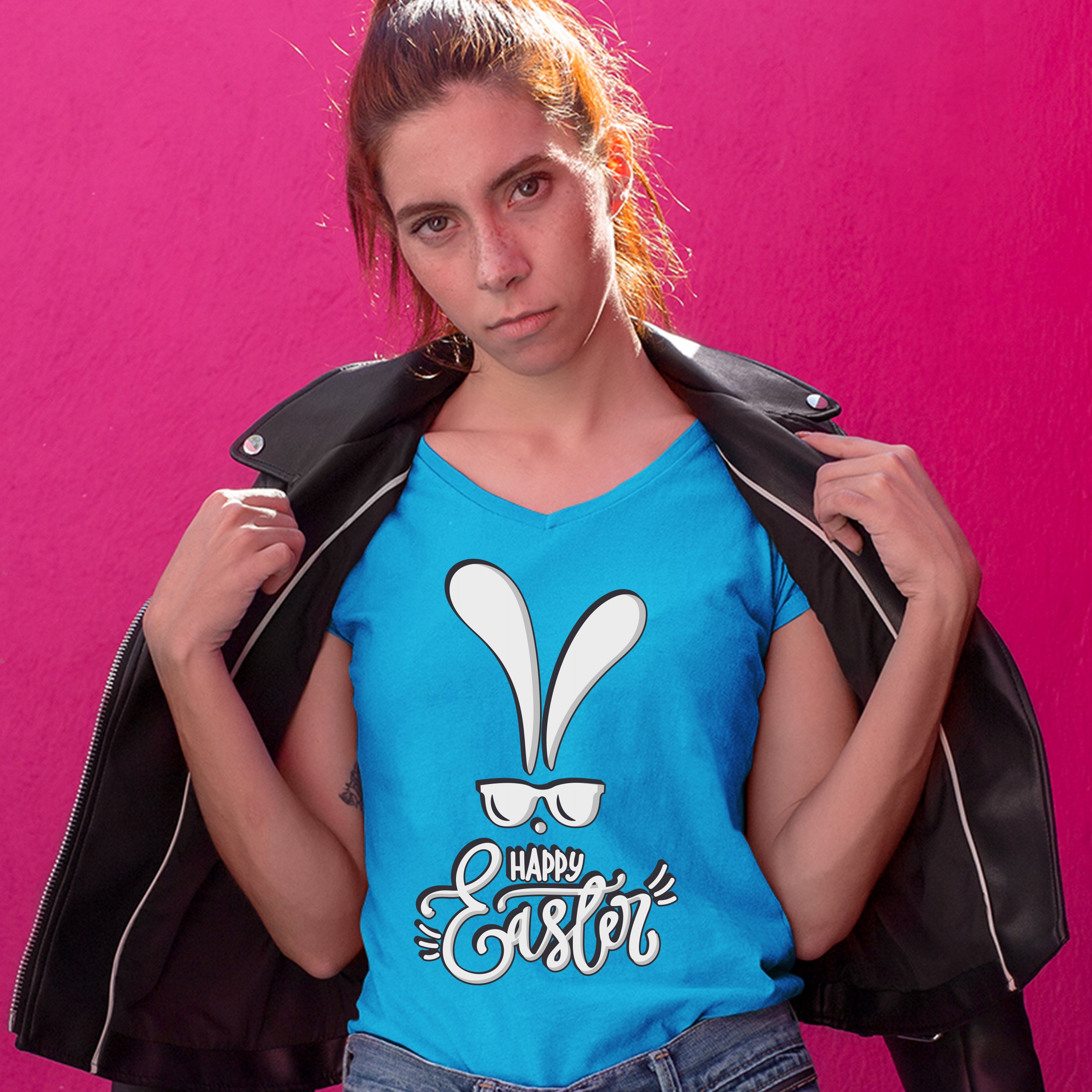Happy Easter Bunny Ears Women's V-Neck T-shirt Religious Jesus Christ Tee - Picture 74 of 77