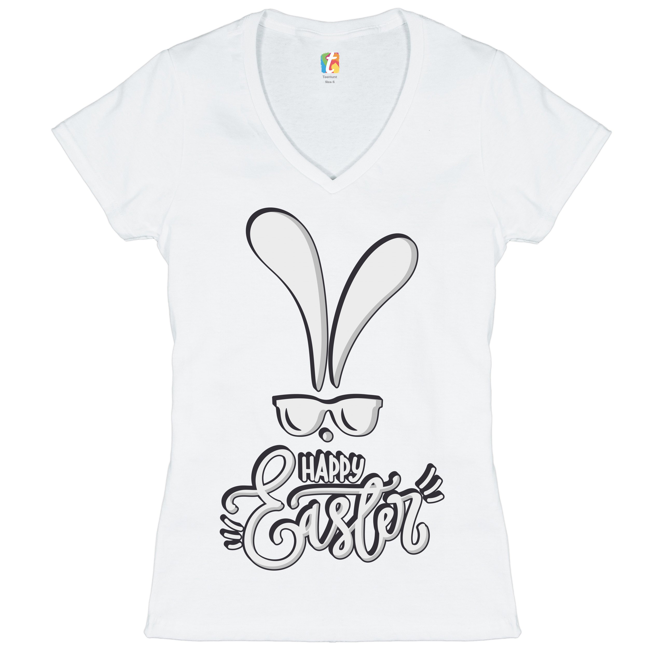 Happy Easter Bunny Ears Women's V-Neck T-shirt Religious Jesus Christ Tee - Picture 36 of 77