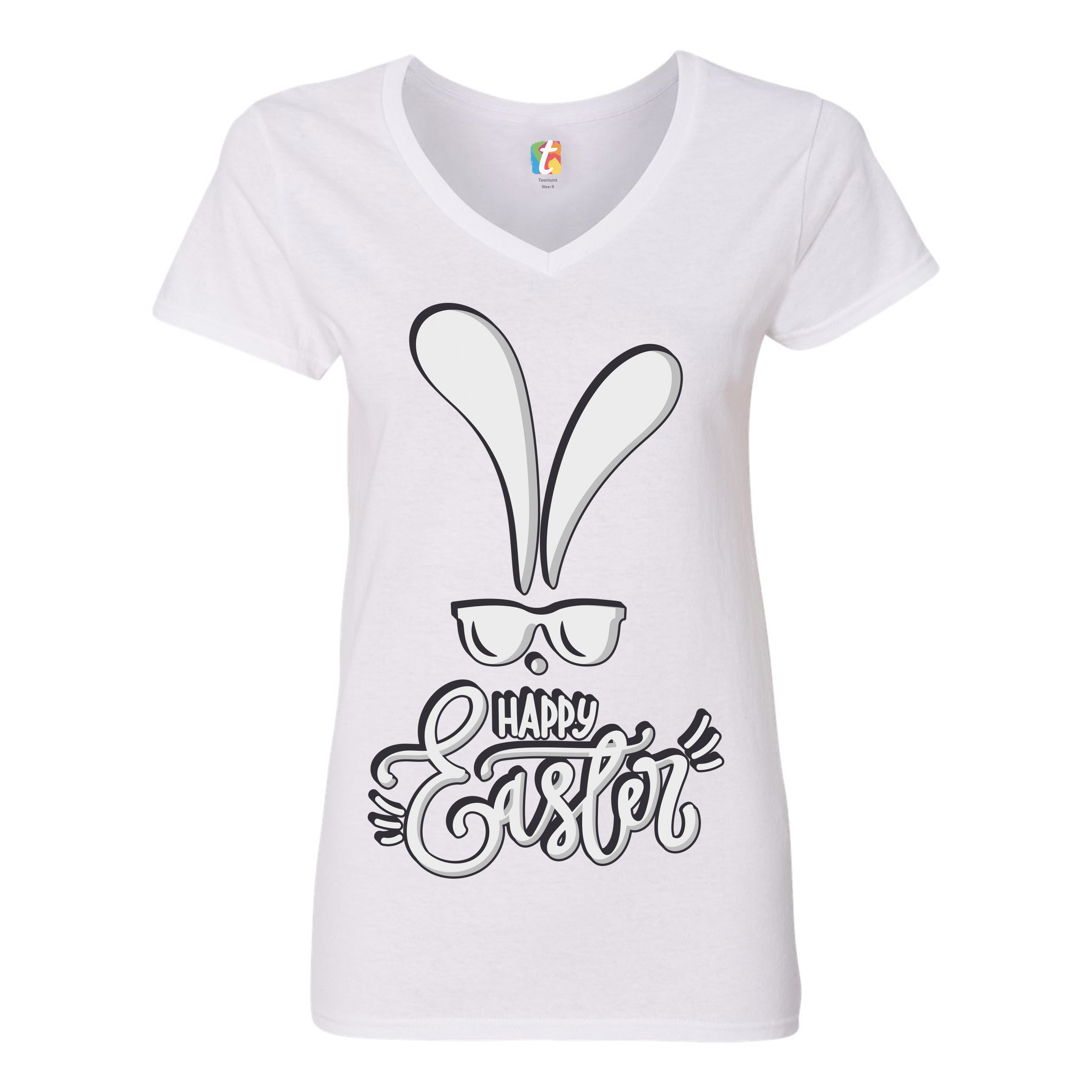 Happy Easter Bunny Ears Women's V-Neck T-shirt Religious Jesus Christ Tee - Picture 37 of 77