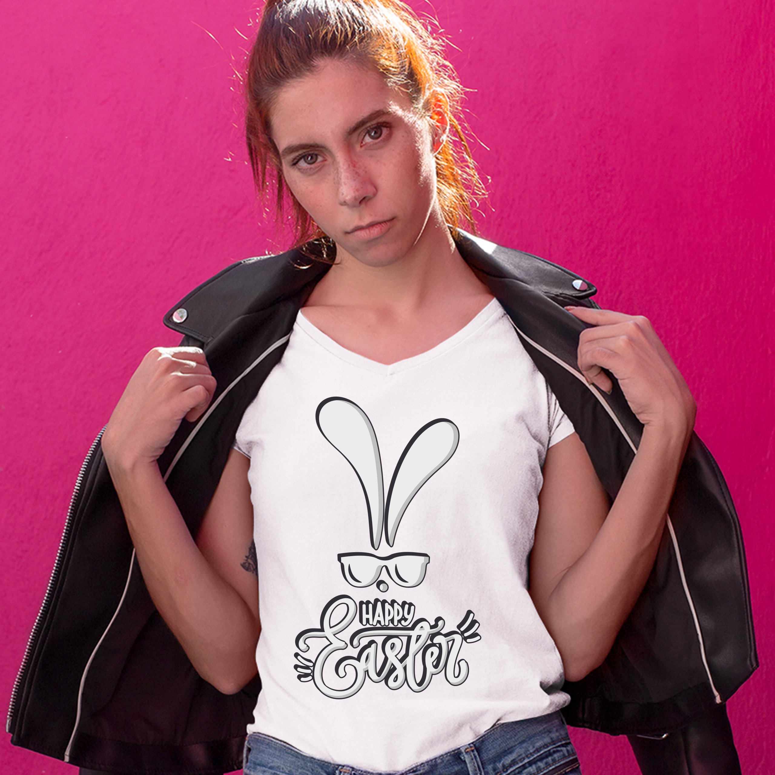 Happy Easter Bunny Ears Women's V-Neck T-shirt Religious Jesus Christ Tee - Picture 39 of 77