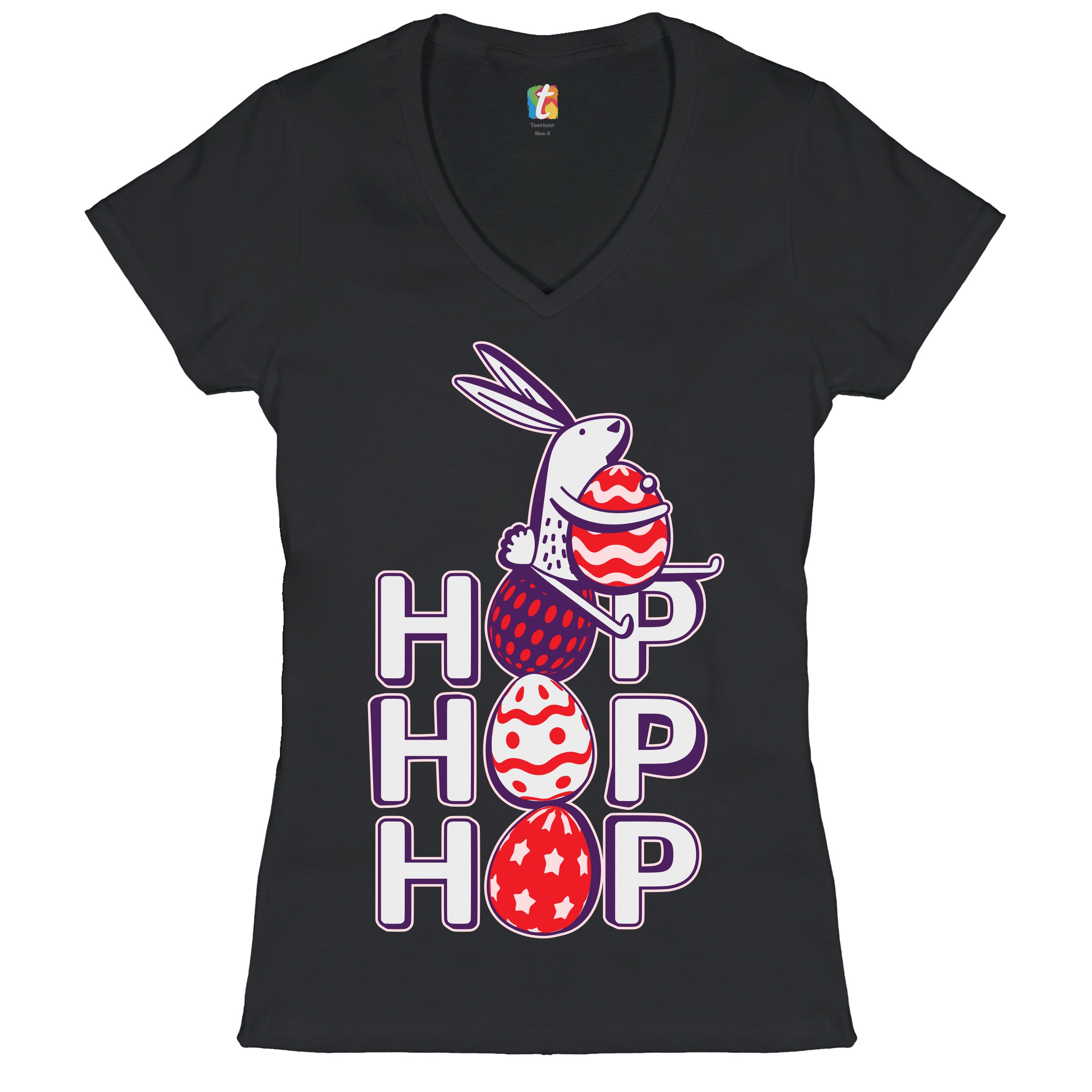 Hop Hop Hop Women's V-Neck T-shirt Bunny Easter Eggs Jesus Ressurection Tee - Picture 8 of 77