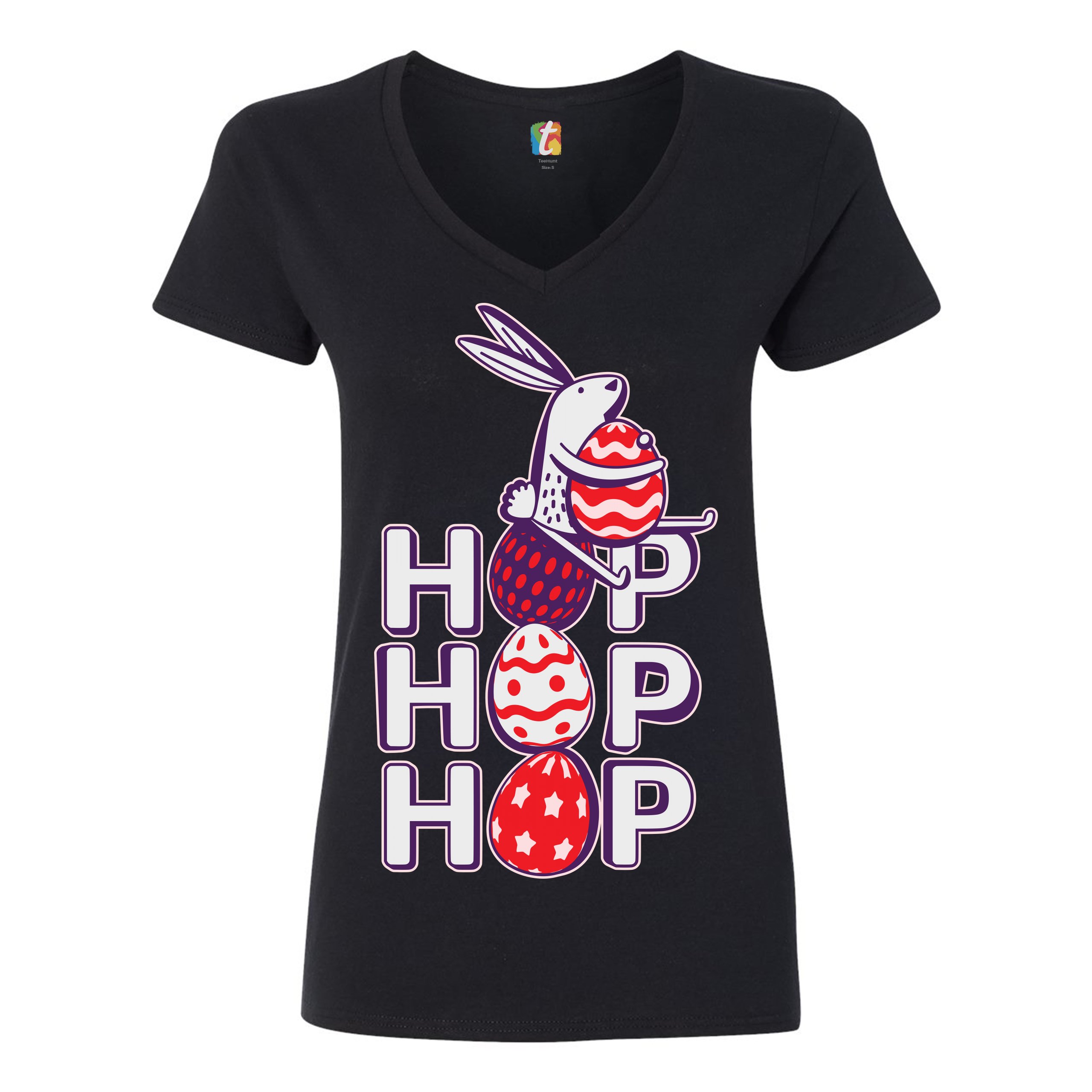 Hop Hop Hop Women's V-Neck T-shirt Bunny Easter Eggs Jesus Ressurection Tee - Picture 9 of 77