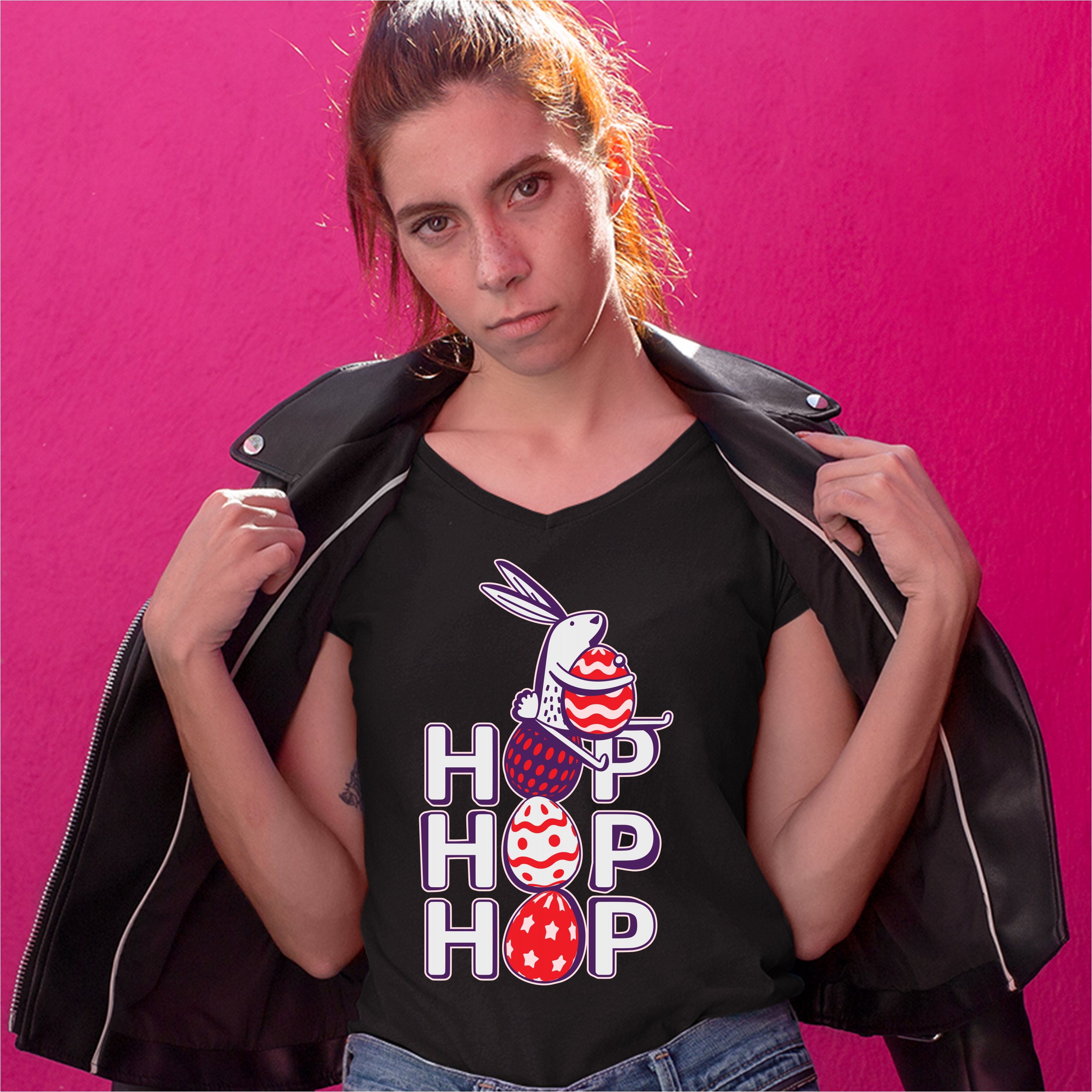 Hop Hop Hop Women's V-Neck T-shirt Bunny Easter Eggs Jesus Ressurection Tee - Picture 11 of 77
