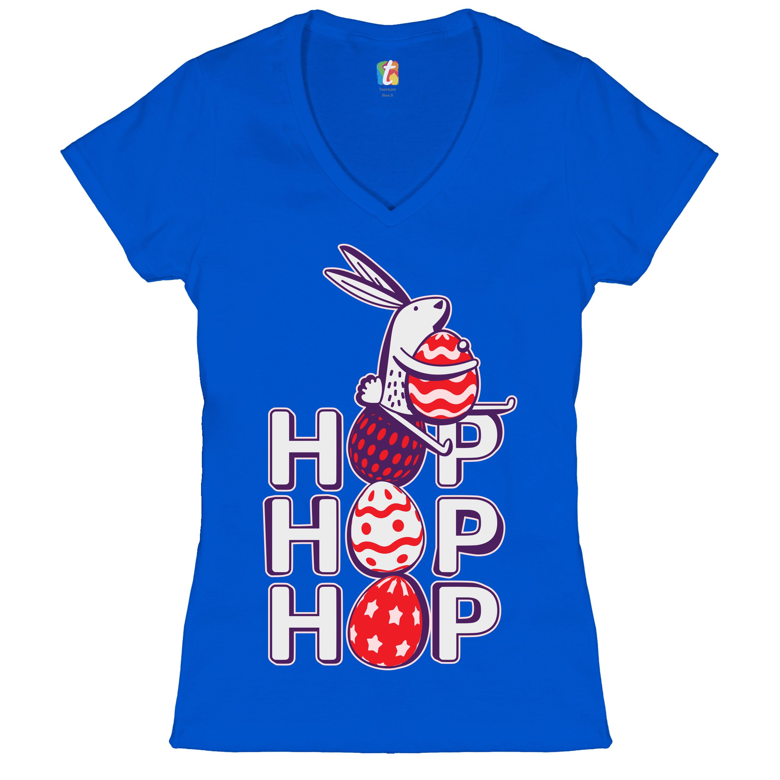 Hop Hop Hop Women's V-Neck T-shirt Bunny Easter Eggs Jesus Ressurection Tee - Picture 57 of 77