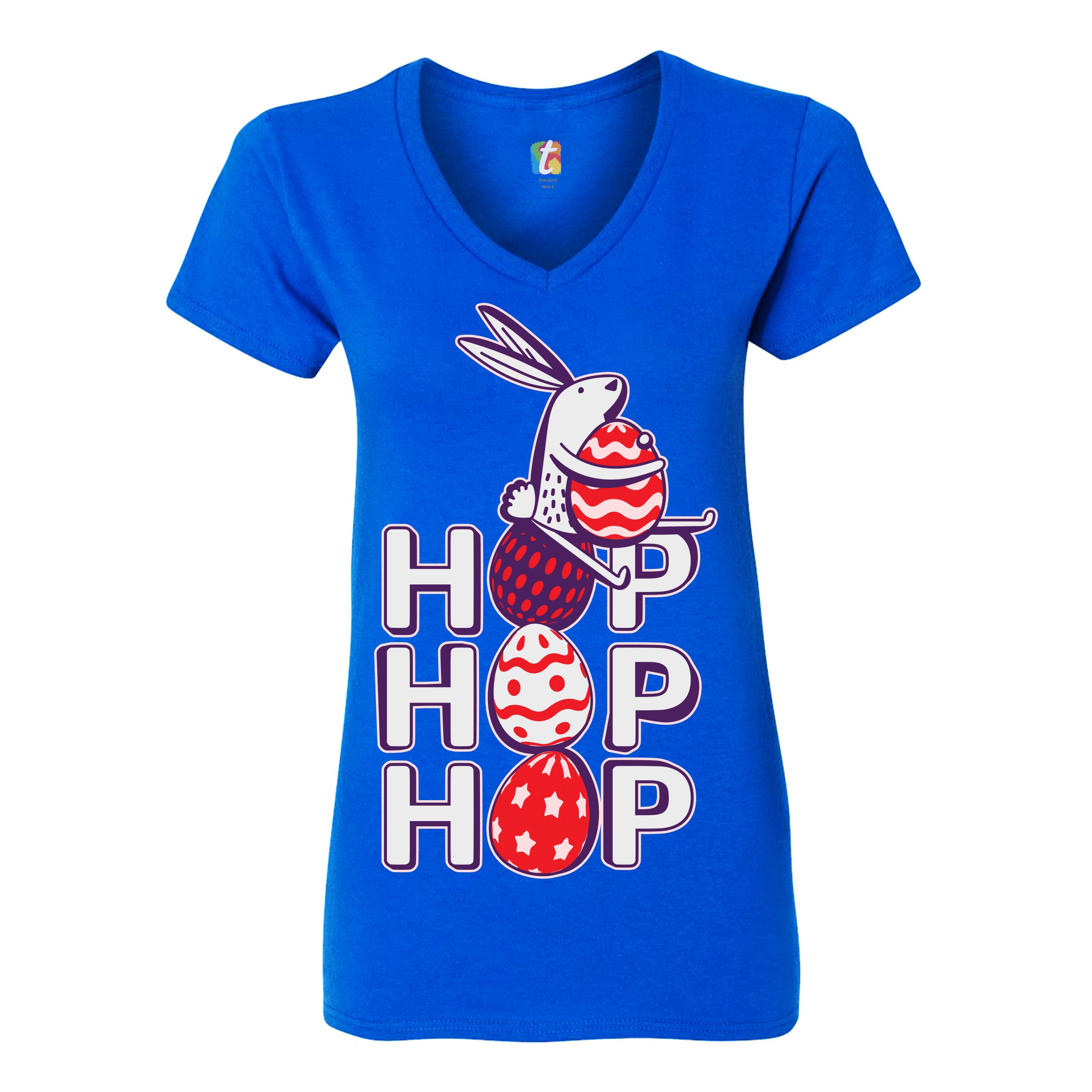 Hop Hop Hop Women's V-Neck T-shirt Bunny Easter Eggs Jesus Ressurection Tee - Picture 58 of 77