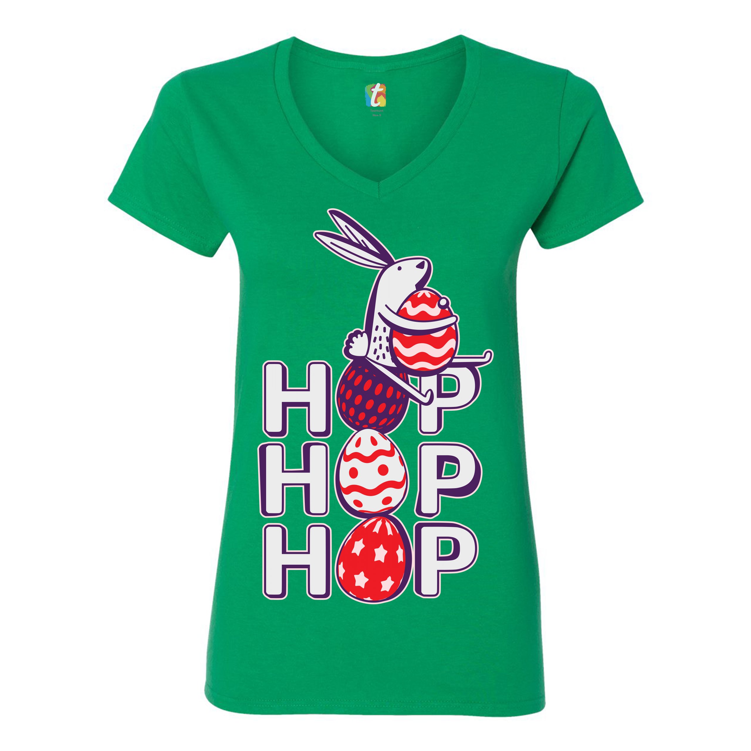 Hop Hop Hop Women's V-Neck T-shirt Bunny Easter Eggs Jesus Ressurection Tee - Picture 51 of 77