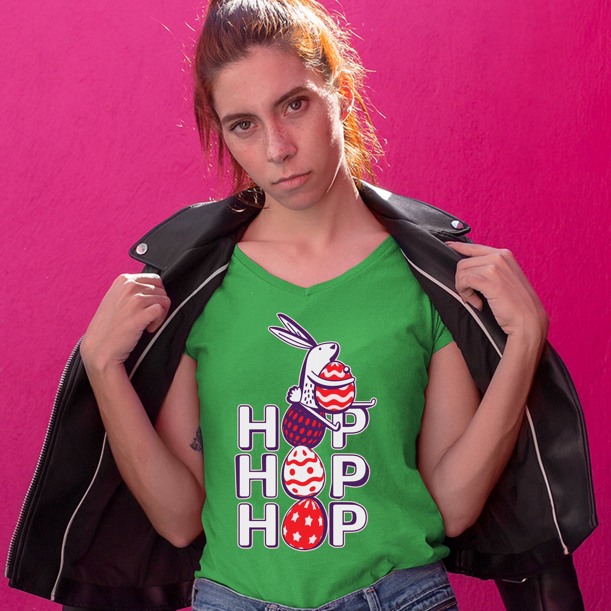 Hop Hop Hop Women's V-Neck T-shirt Bunny Easter Eggs Jesus Ressurection Tee - Picture 53 of 77