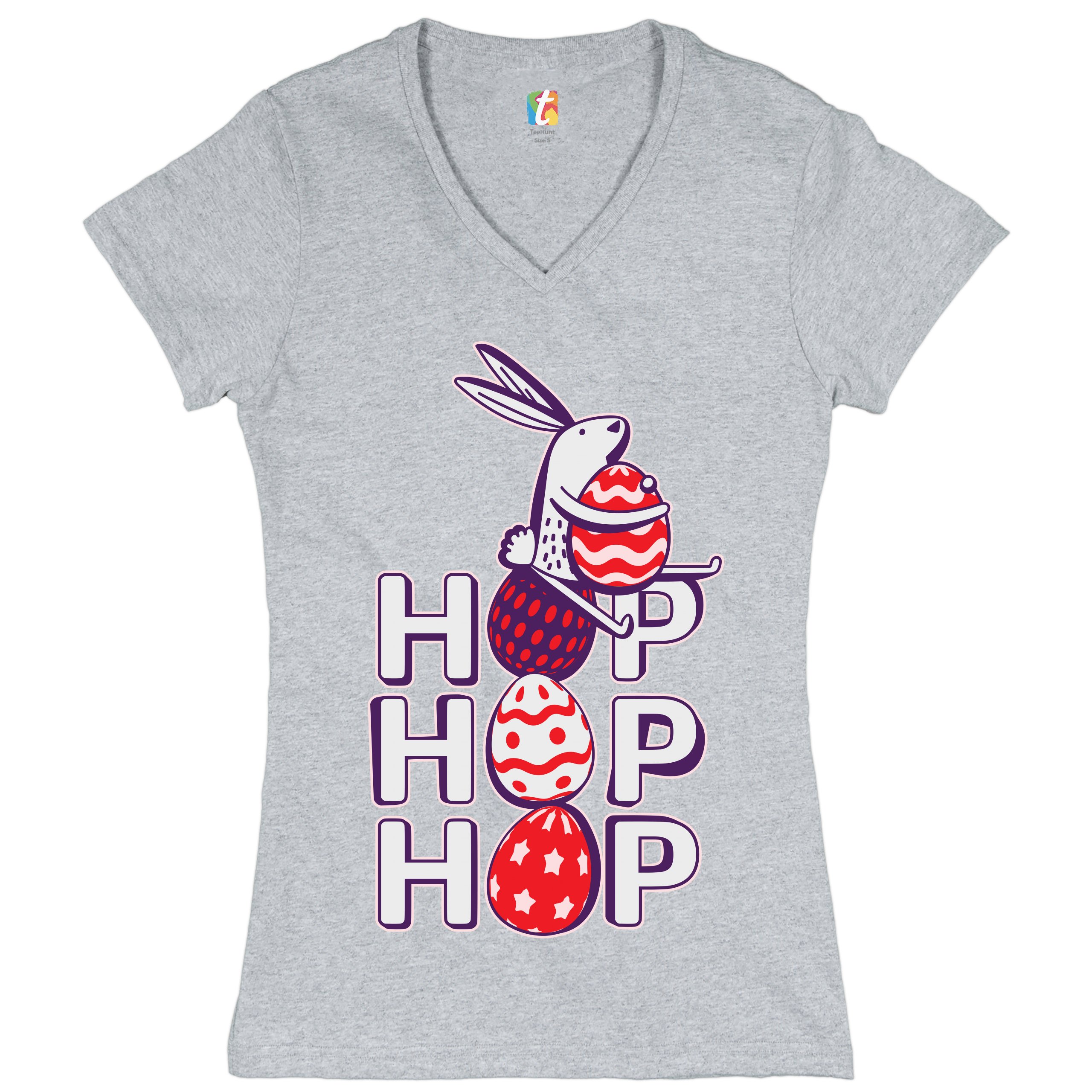 Hop Hop Hop Women's V-Neck T-shirt Bunny Easter Eggs Jesus Ressurection Tee - Picture 15 of 77