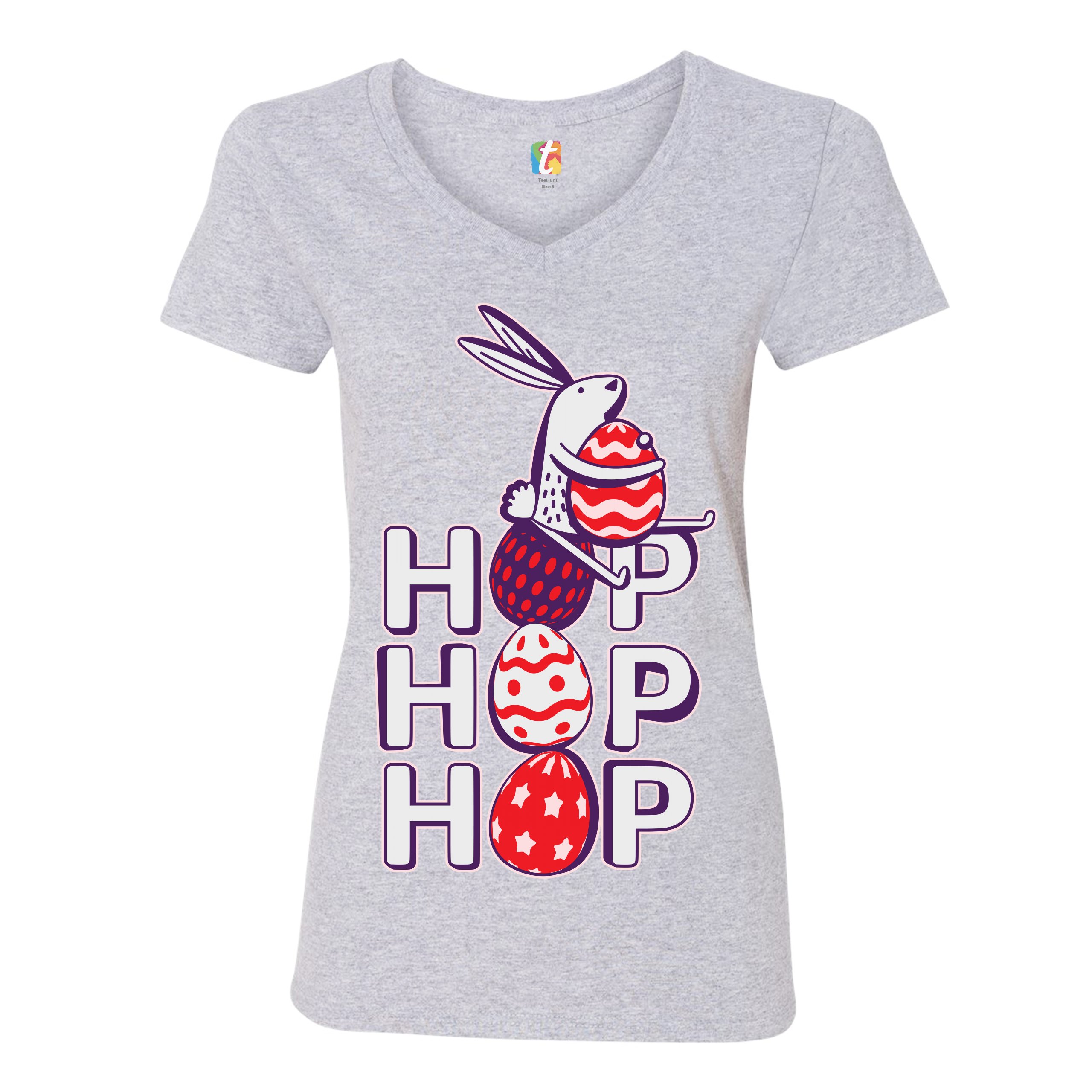 Hop Hop Hop Women's V-Neck T-shirt Bunny Easter Eggs Jesus Ressurection Tee - Picture 16 of 77