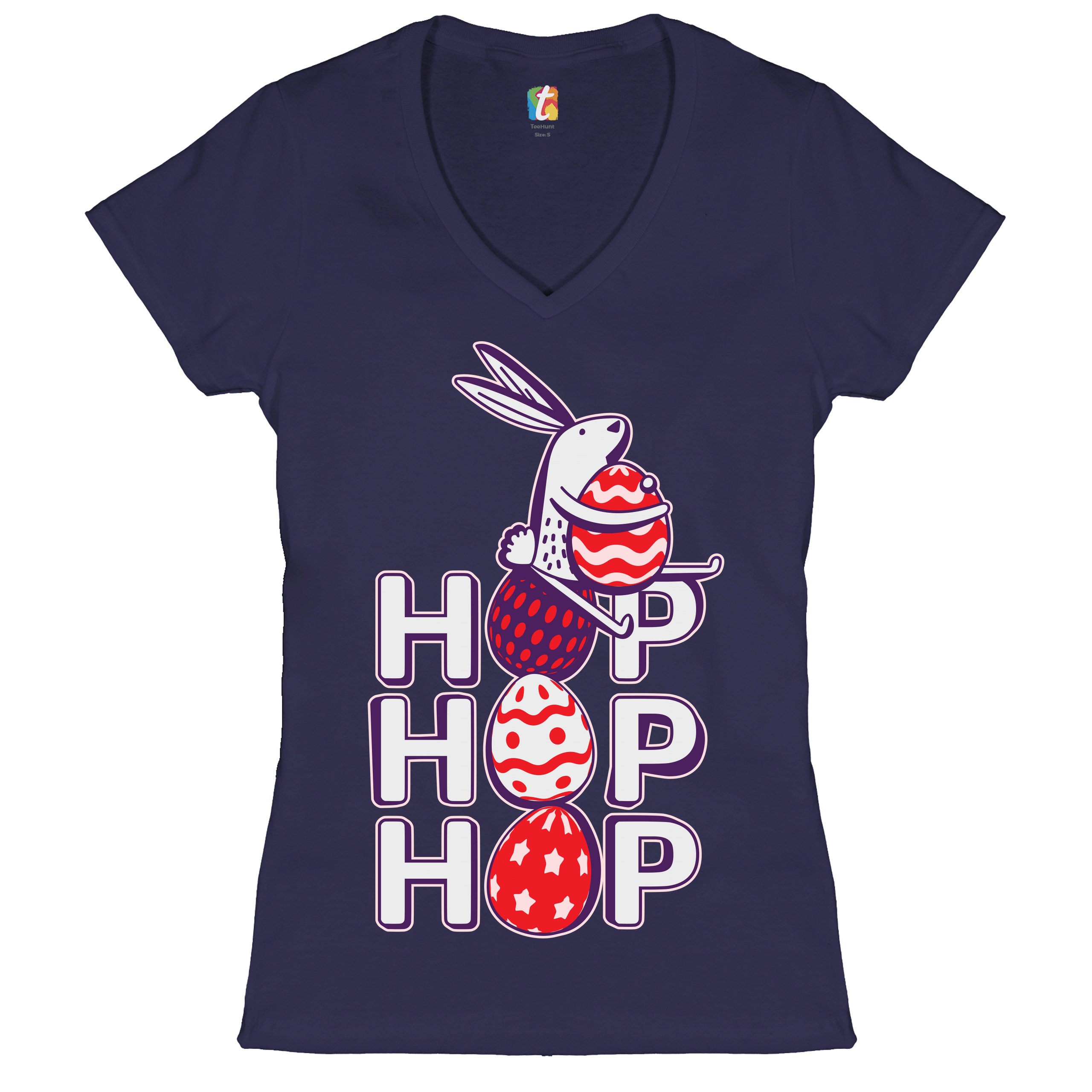 Hop Hop Hop Women's V-Neck T-shirt Bunny Easter Eggs Jesus Ressurection Tee - Picture 43 of 77