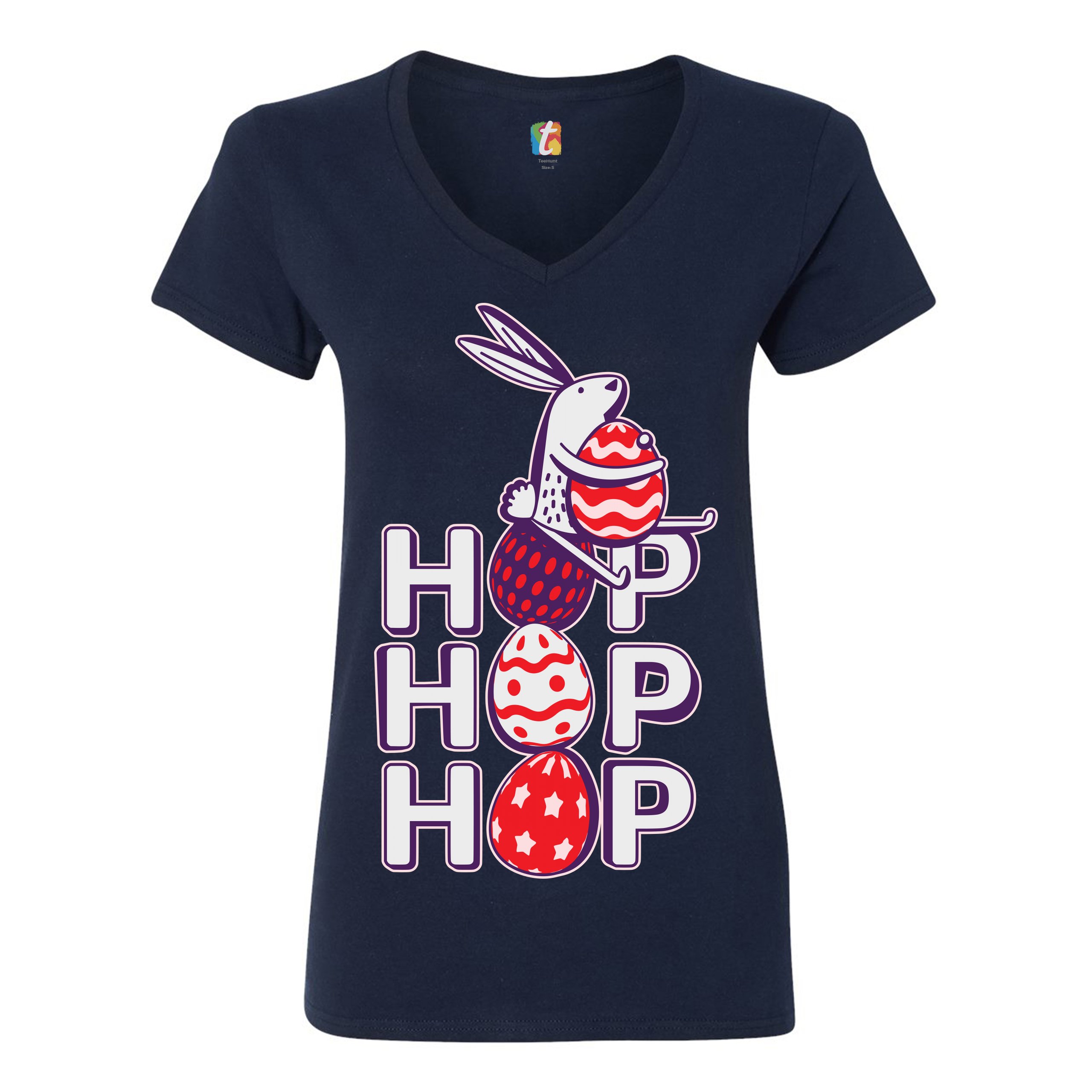 Hop Hop Hop Women's V-Neck T-shirt Bunny Easter Eggs Jesus Ressurection Tee - Picture 44 of 77
