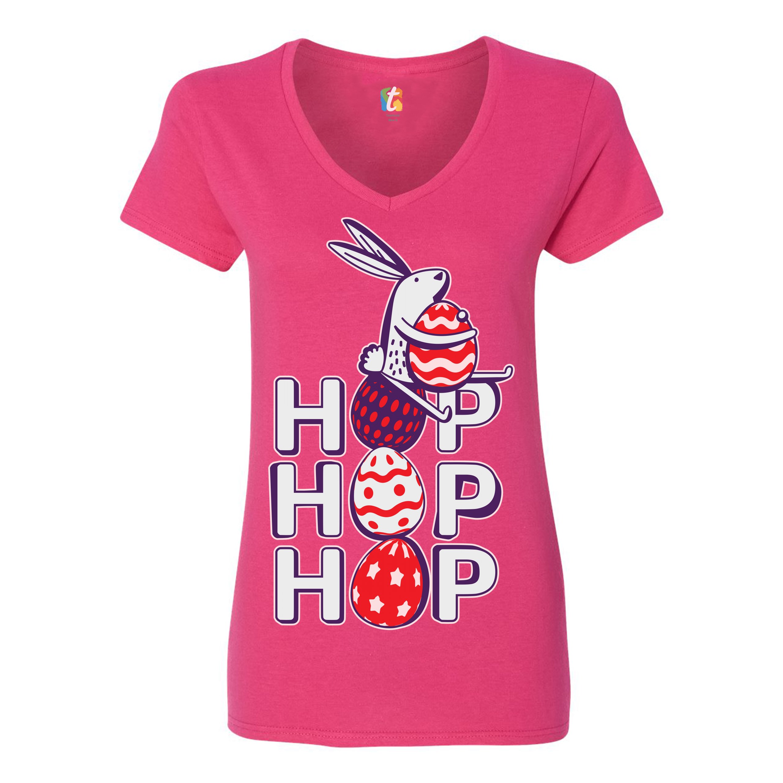 Hop Hop Hop Women's V-Neck T-shirt Bunny Easter Eggs Jesus Ressurection Tee - Picture 65 of 77