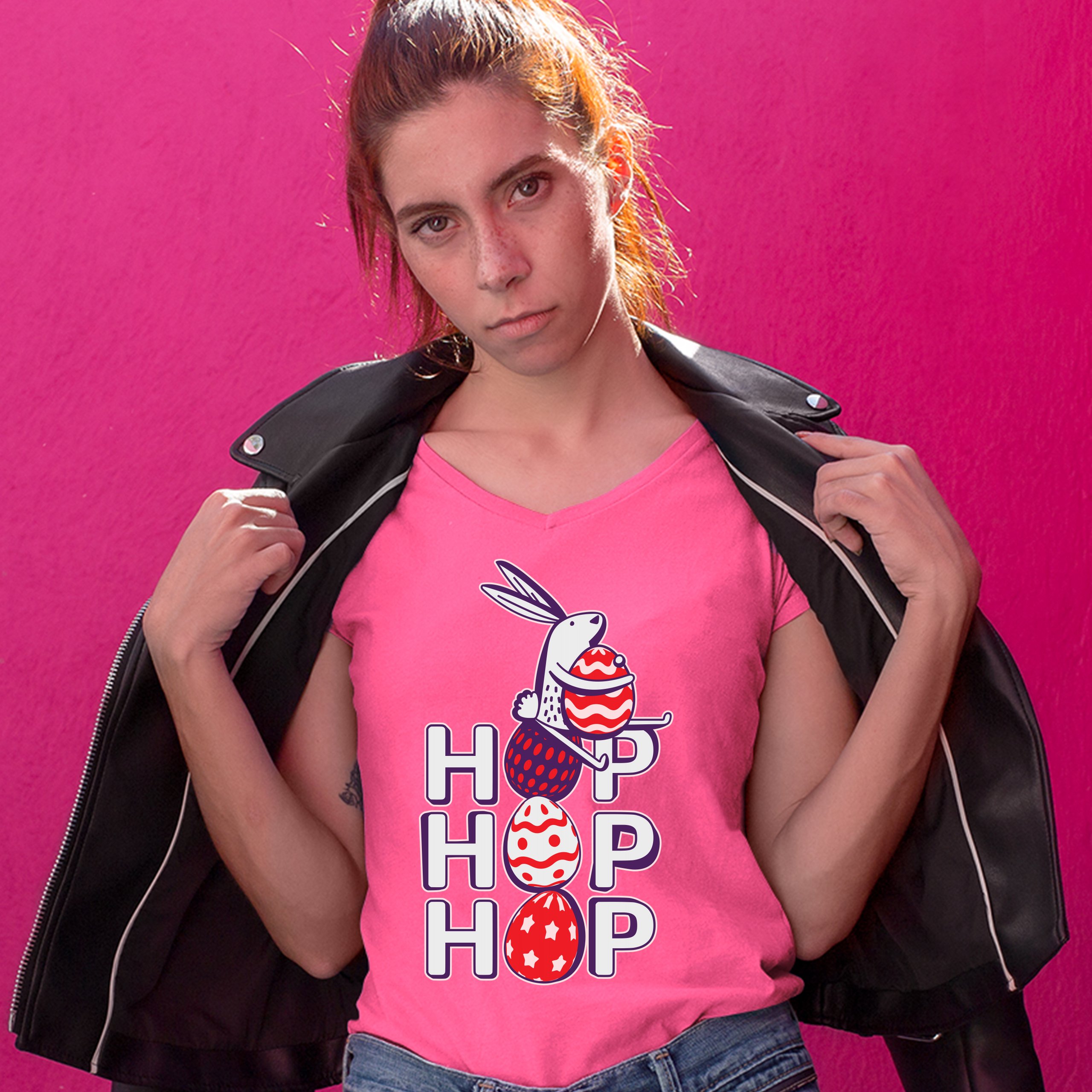 Hop Hop Hop Women's V-Neck T-shirt Bunny Easter Eggs Jesus Ressurection Tee - Picture 67 of 77