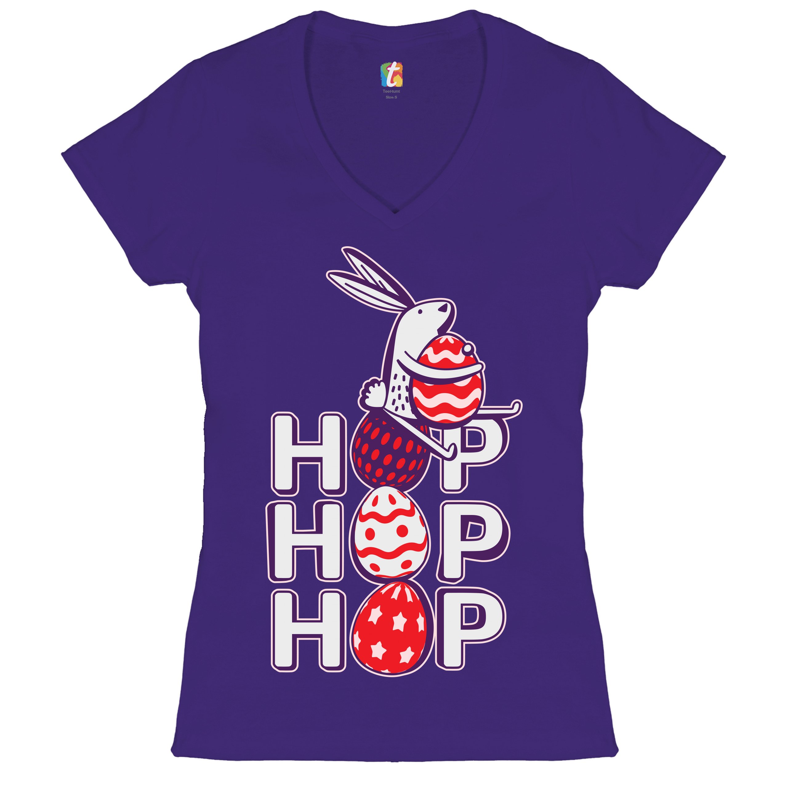 Hop Hop Hop Women's V-Neck T-shirt Bunny Easter Eggs Jesus Ressurection Tee - Picture 22 of 77