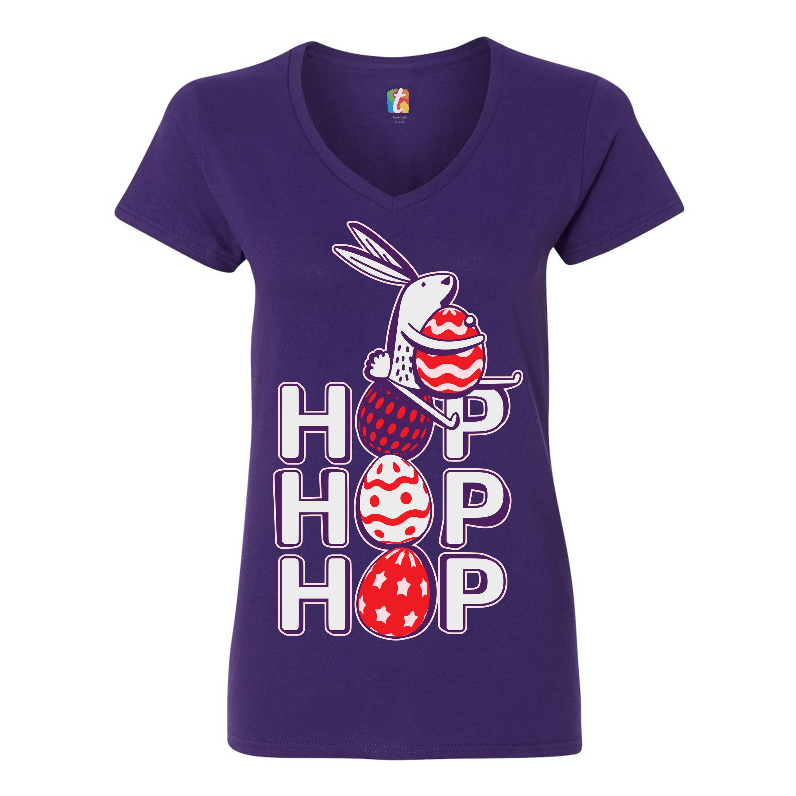 Hop Hop Hop Women's V-Neck T-shirt Bunny Easter Eggs Jesus Ressurection Tee - Picture 23 of 77