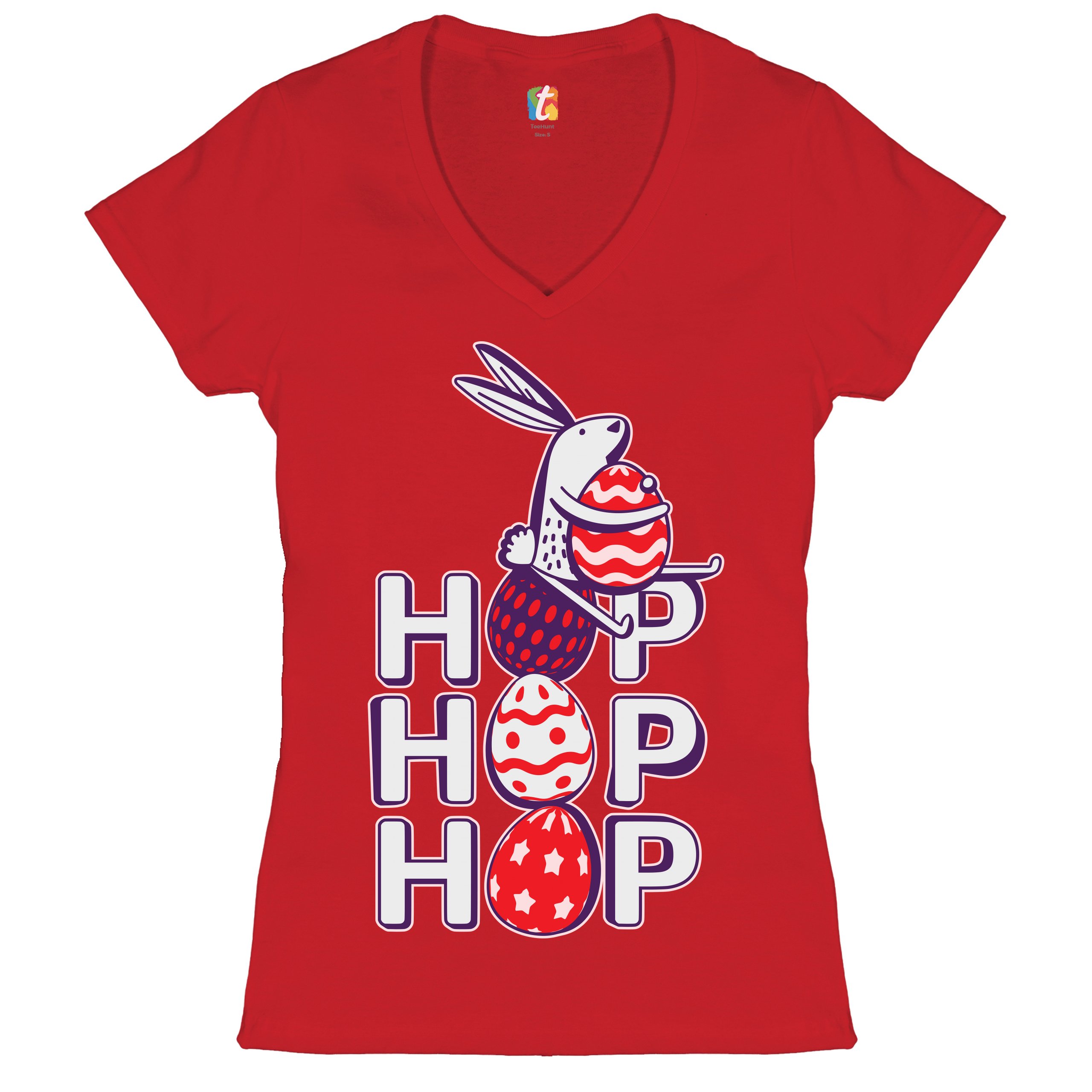 Hop Hop Hop Women's V-Neck T-shirt Bunny Easter Eggs Jesus Ressurection Tee - Picture 29 of 77