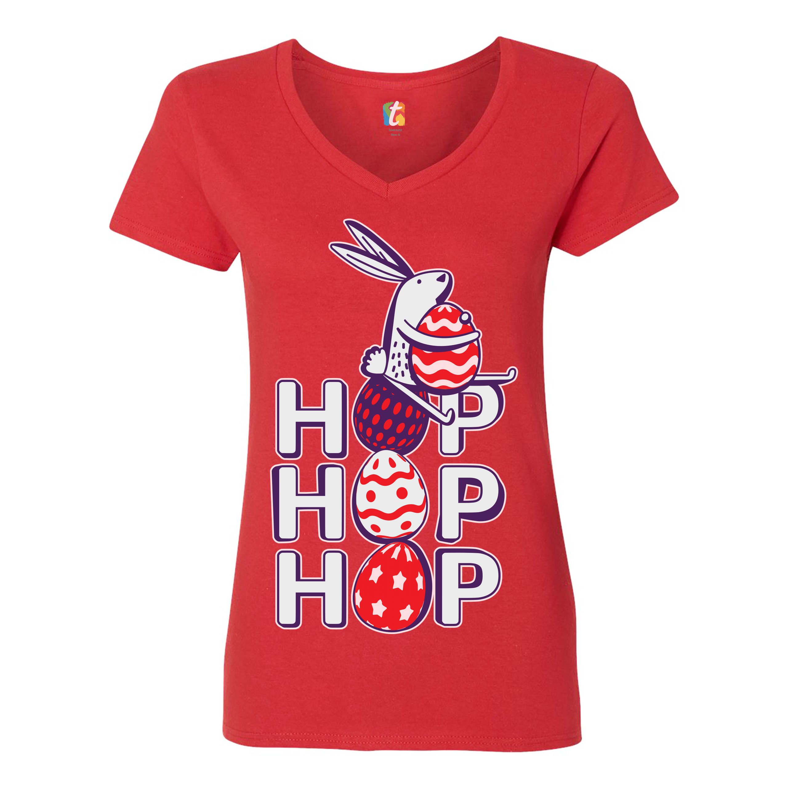 Hop Hop Hop Women's V-Neck T-shirt Bunny Easter Eggs Jesus Ressurection Tee - Picture 30 of 77