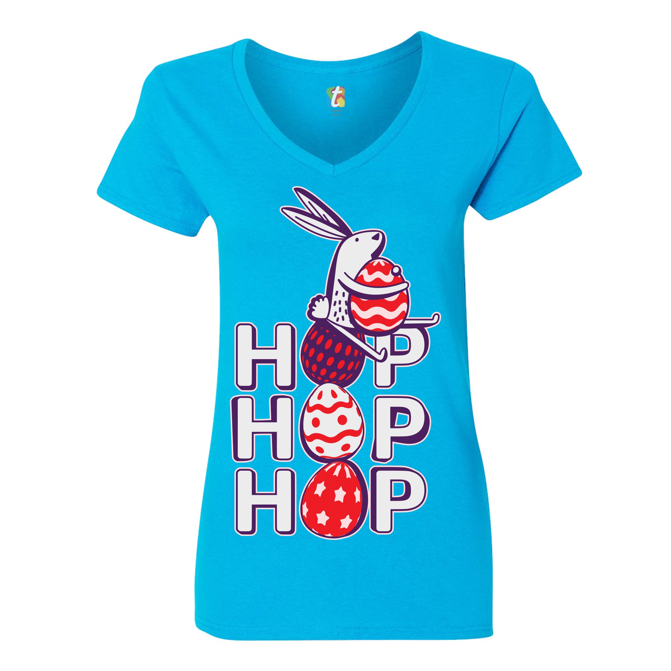 Hop Hop Hop Women's V-Neck T-shirt Bunny Easter Eggs Jesus Ressurection Tee - Picture 72 of 77