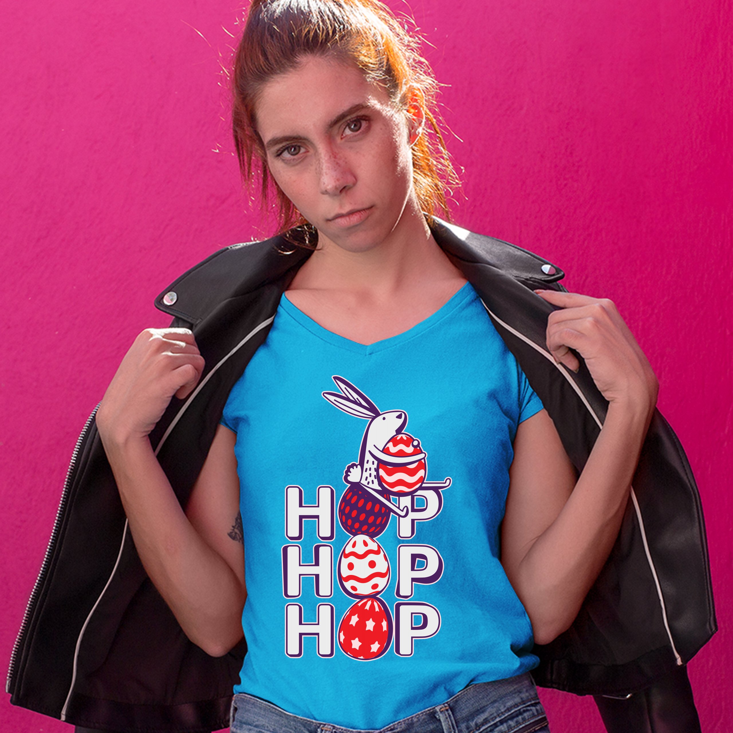 Hop Hop Hop Women's V-Neck T-shirt Bunny Easter Eggs Jesus Ressurection Tee - Picture 74 of 77