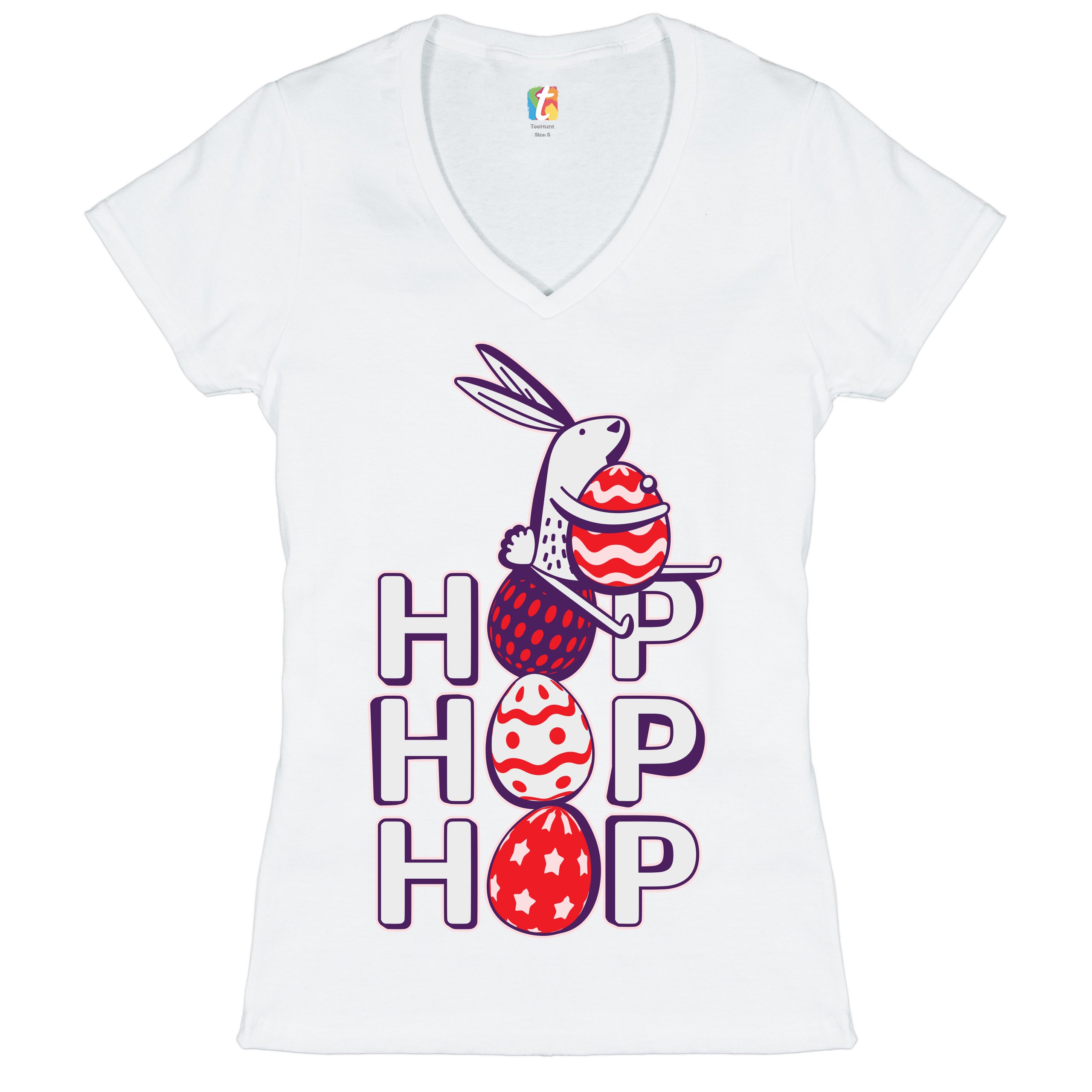 Hop Hop Hop Women's V-Neck T-shirt Bunny Easter Eggs Jesus Ressurection Tee - Picture 36 of 77