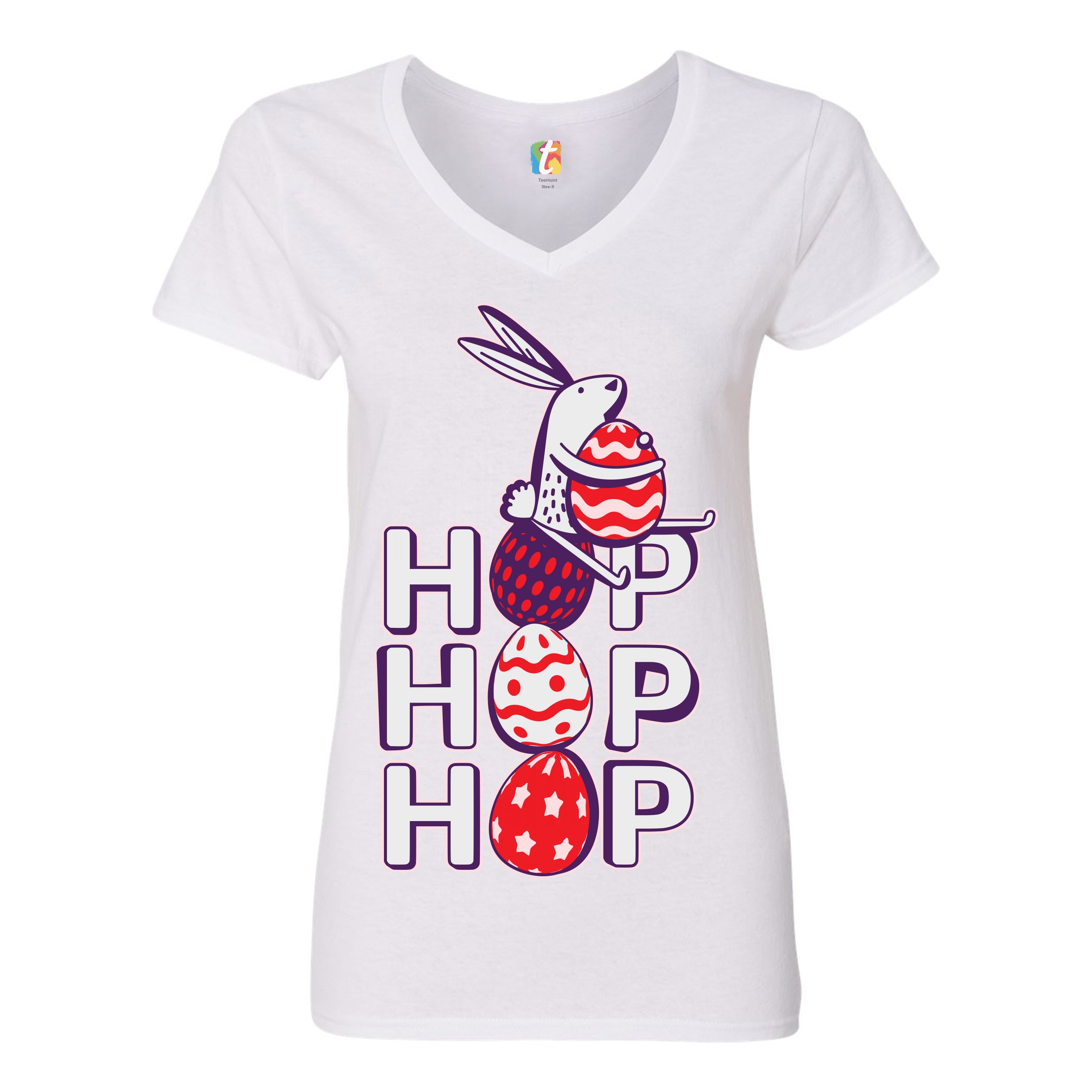Hop Hop Hop Women's V-Neck T-shirt Bunny Easter Eggs Jesus Ressurection Tee - Picture 37 of 77