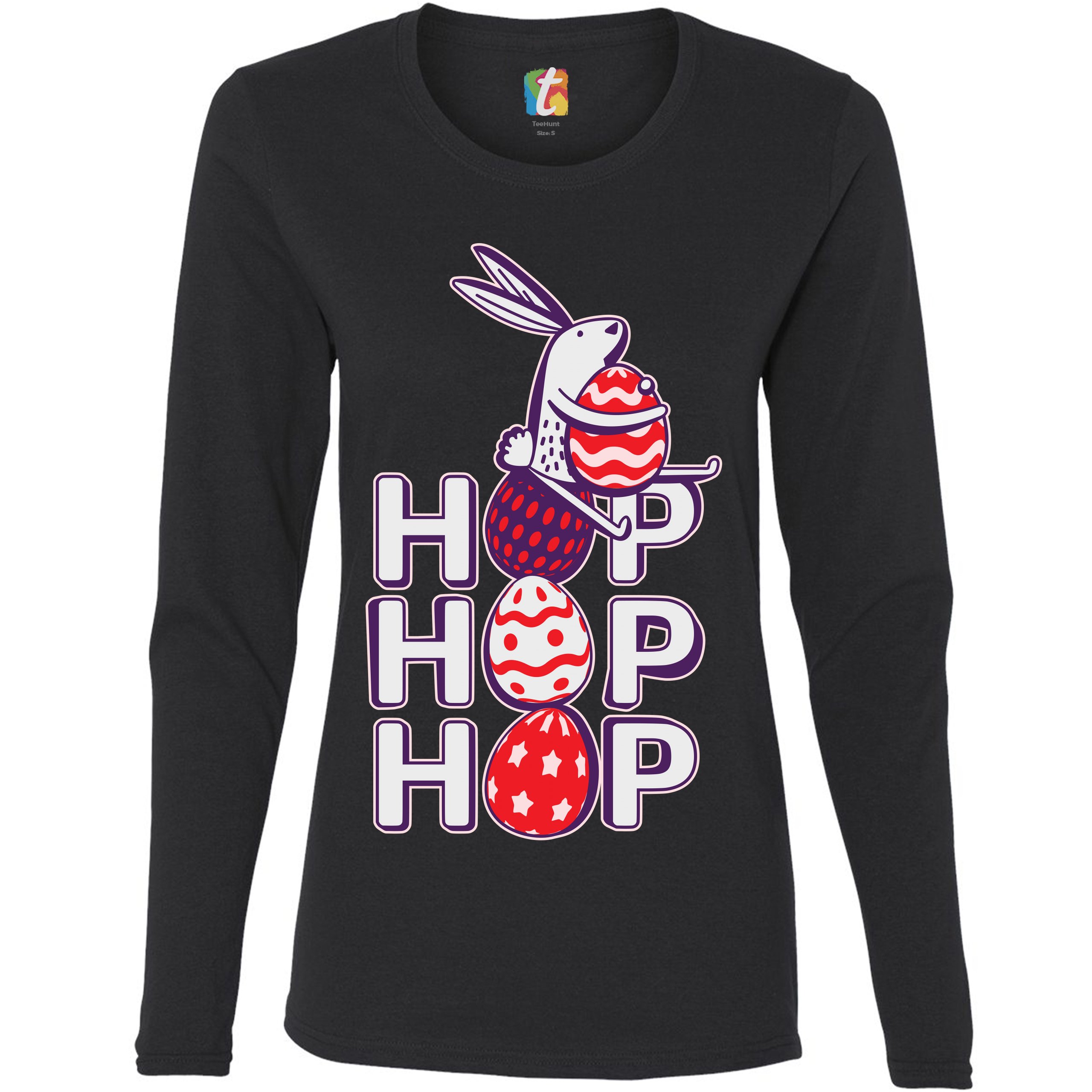 Hop Hop Hop Women's Long Sleeve T-shirt Bunny Easter Eggs Jesus Ressurection - Picture 9 of 56