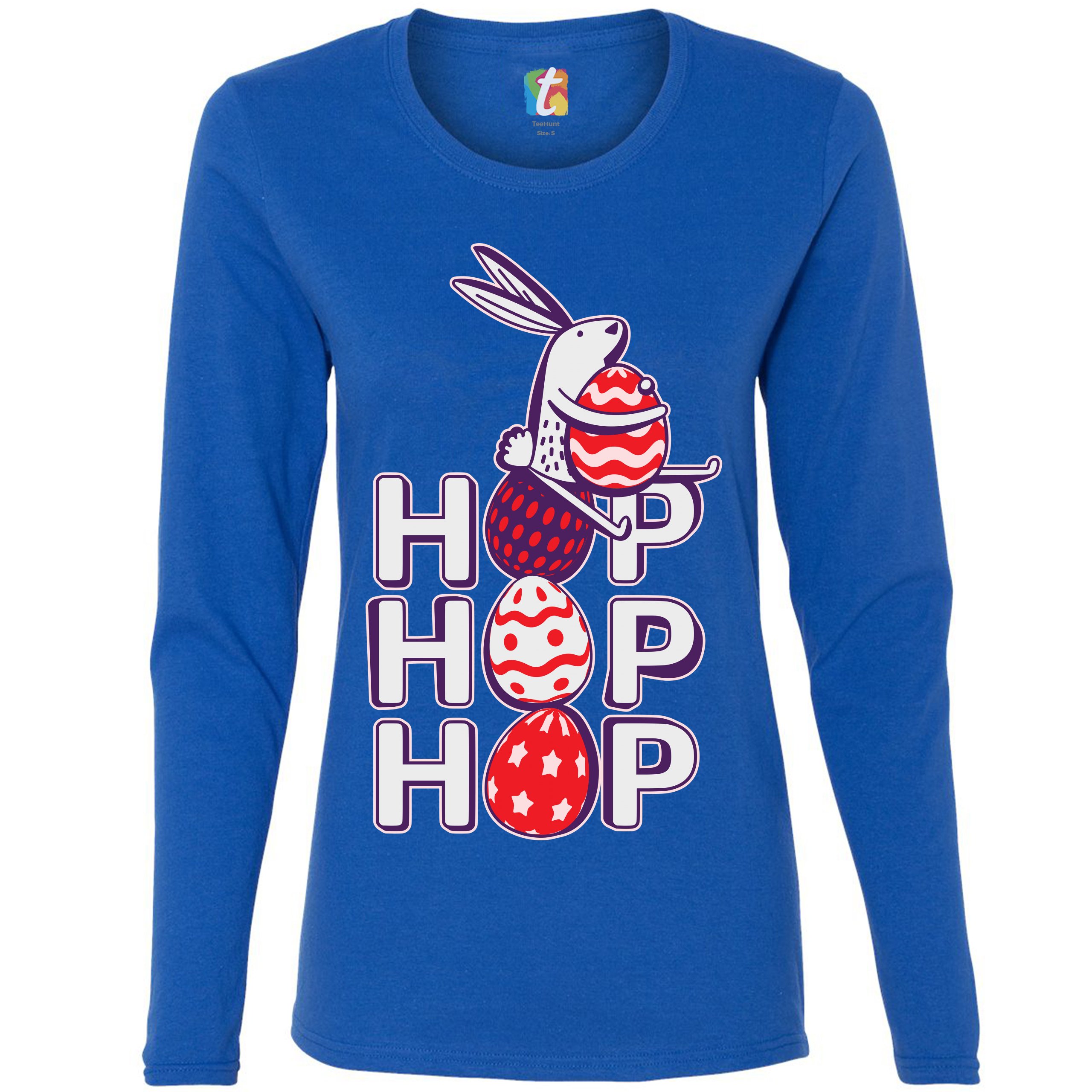 Hop Hop Hop Women's Long Sleeve T-shirt Bunny Easter Eggs Jesus Ressurection - Picture 44 of 56