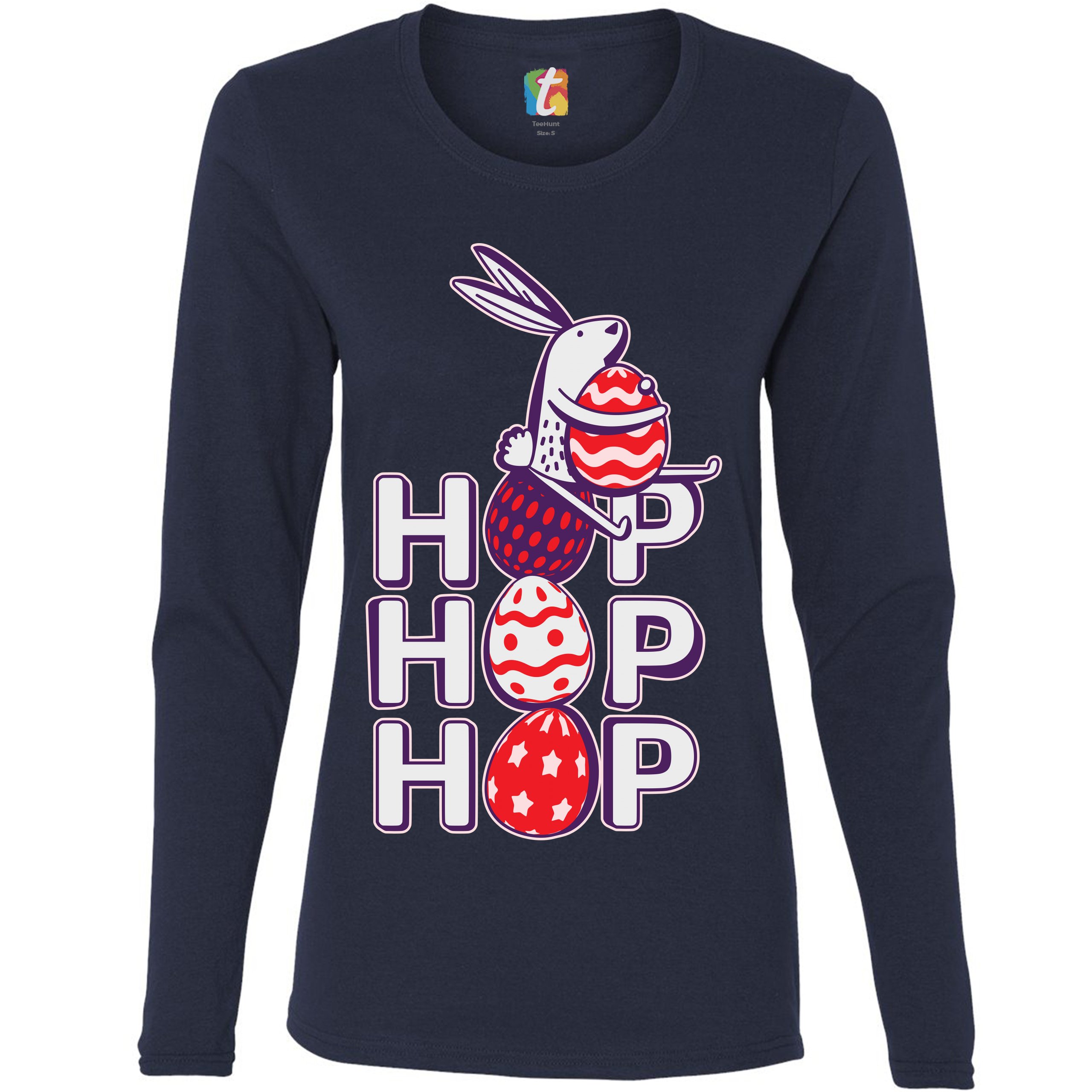 Hop Hop Hop Women's Long Sleeve T-shirt Bunny Easter Eggs Jesus Ressurection - Picture 37 of 56