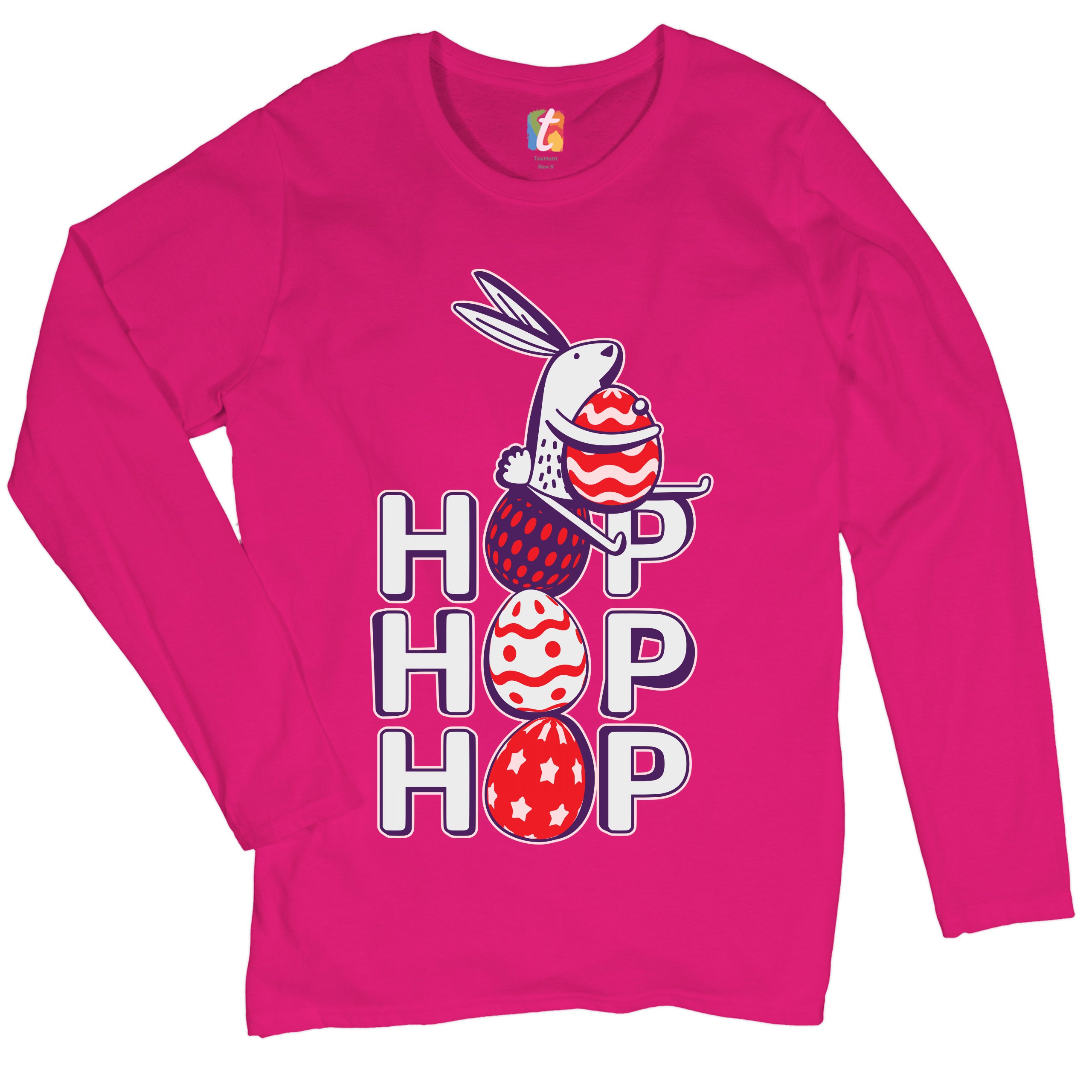 Hop Hop Hop Women's Long Sleeve T-shirt Bunny Easter Eggs Jesus Ressurection - Picture 50 of 56