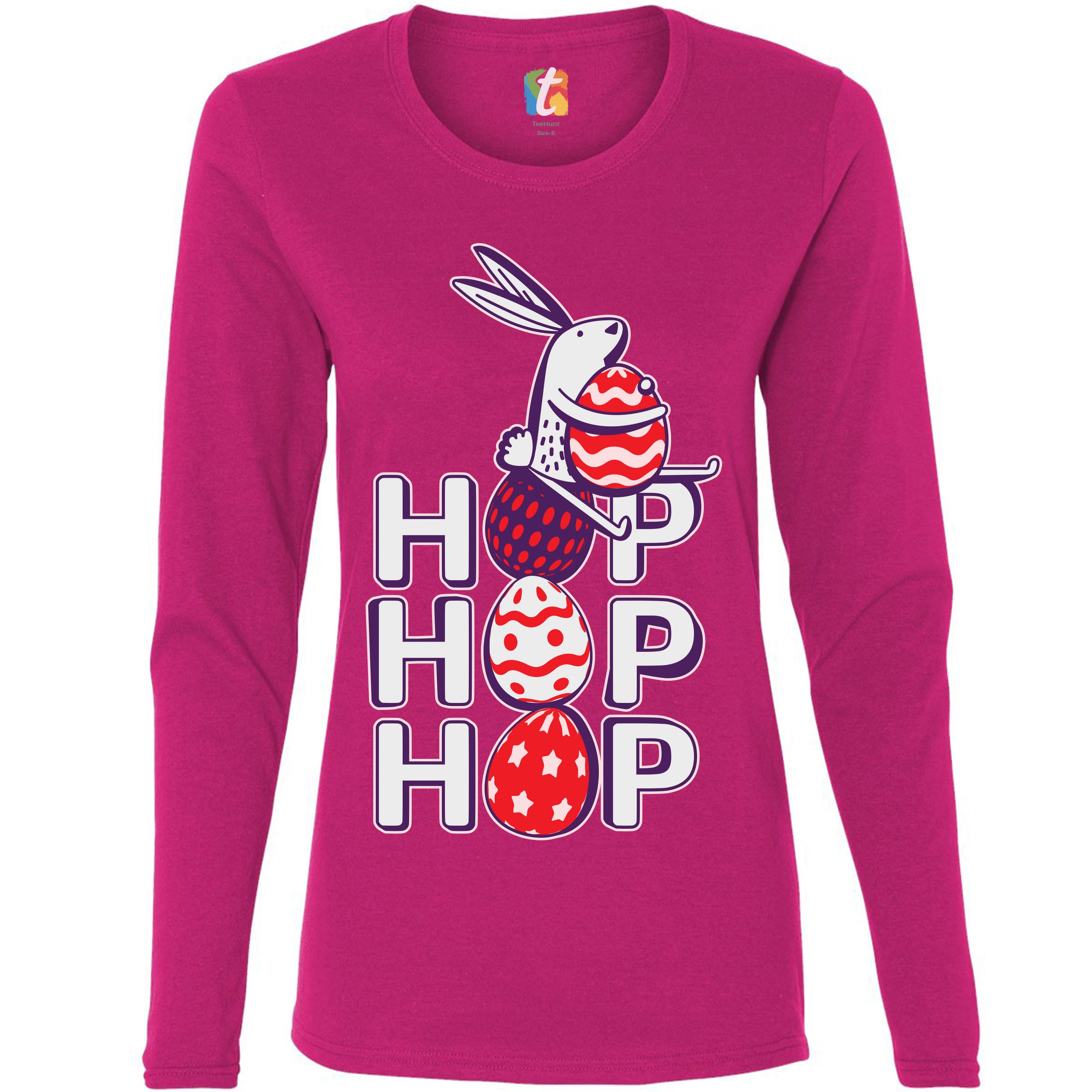 Hop Hop Hop Women's Long Sleeve T-shirt Bunny Easter Eggs Jesus Ressurection - Picture 51 of 56