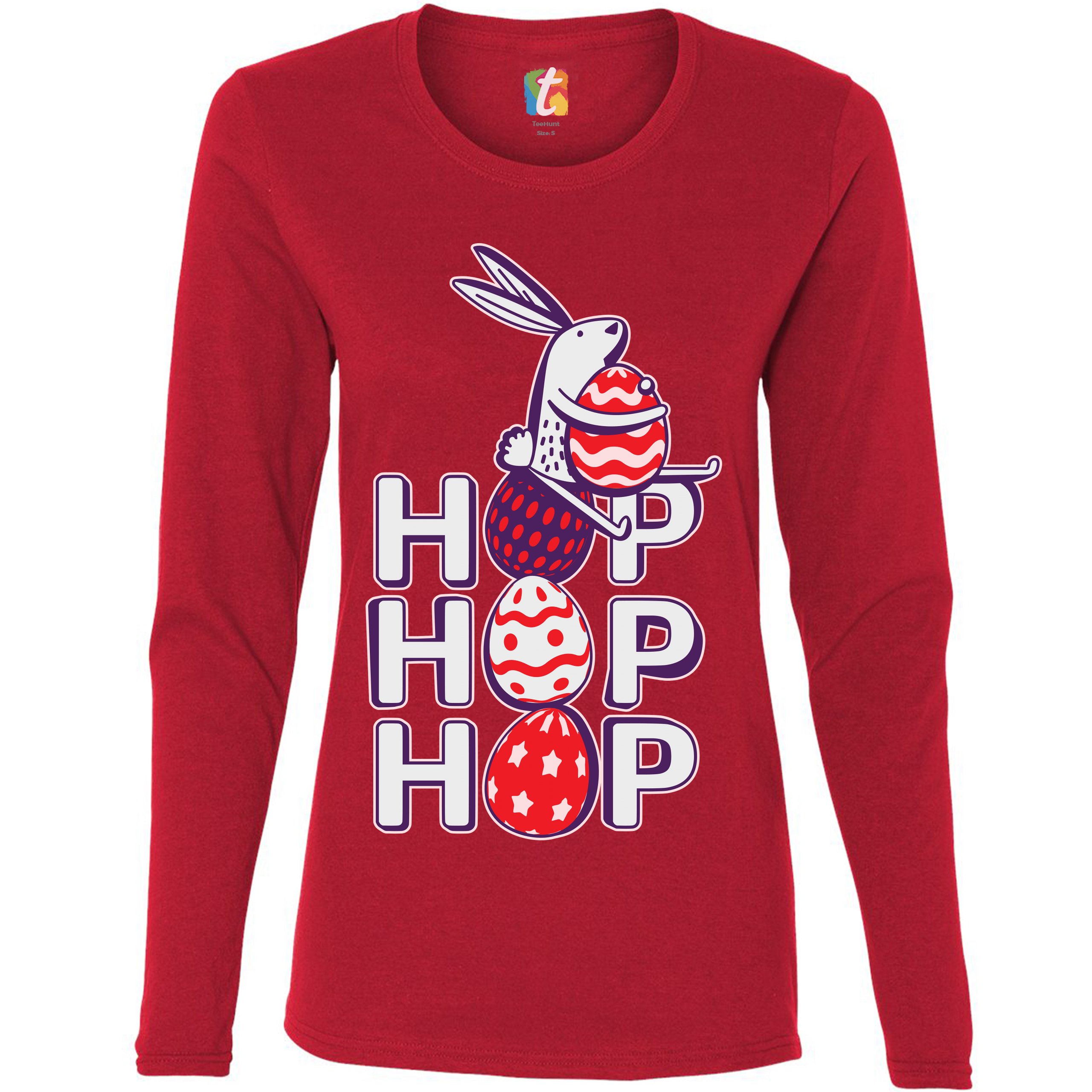 Hop Hop Hop Women's Long Sleeve T-shirt Bunny Easter Eggs Jesus Ressurection - Picture 23 of 56