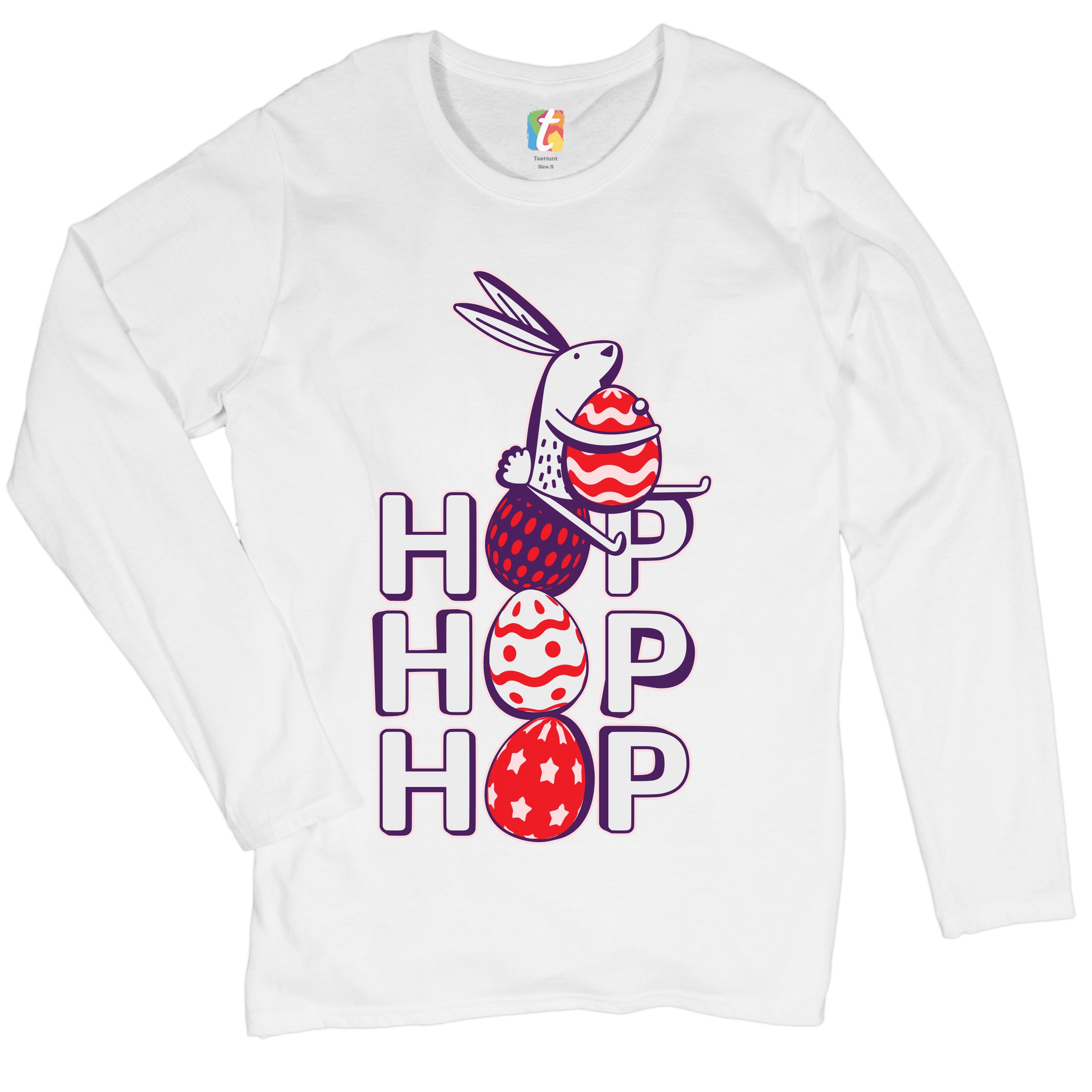 Hop Hop Hop Women's Long Sleeve T-shirt Bunny Easter Eggs Jesus Ressurection - Picture 29 of 56