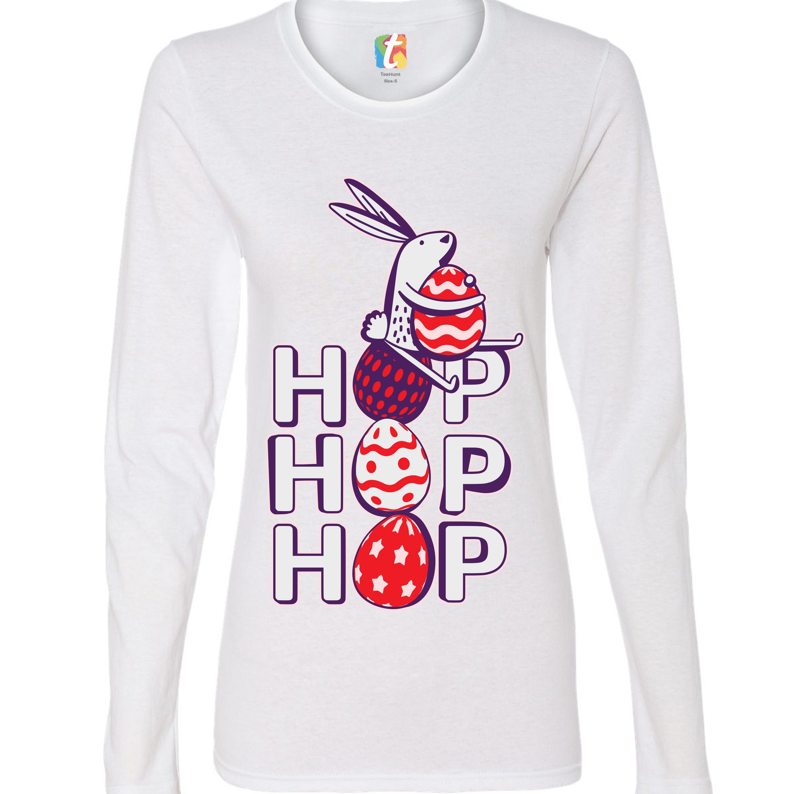 Hop Hop Hop Women's Long Sleeve T-shirt Bunny Easter Eggs Jesus Ressurection - Picture 30 of 56