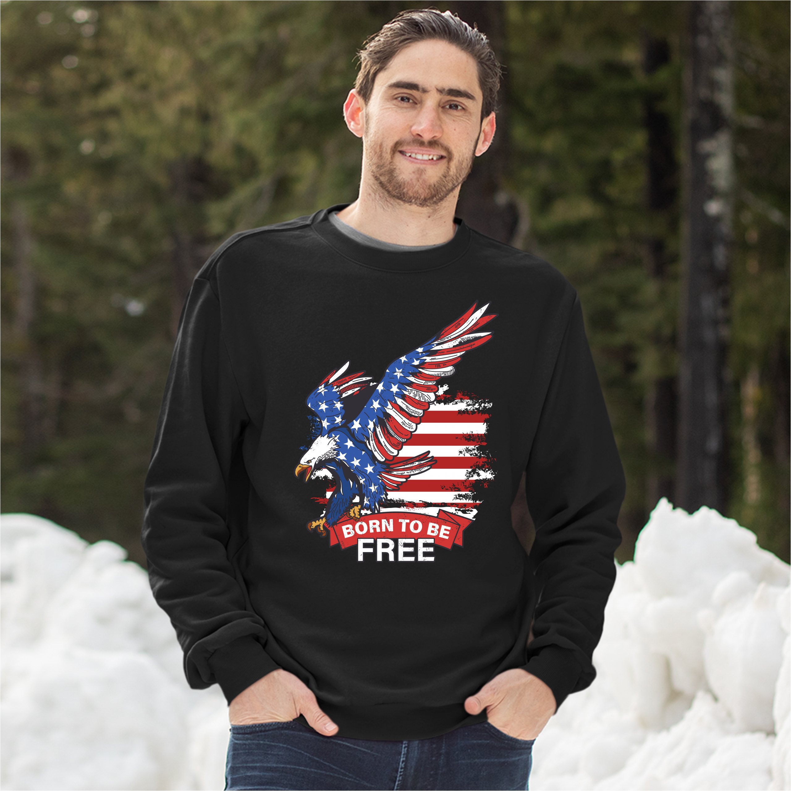 Diving Bald Eagle Sweatshirt Born to Be Free American Flag 4th of July Crewneck