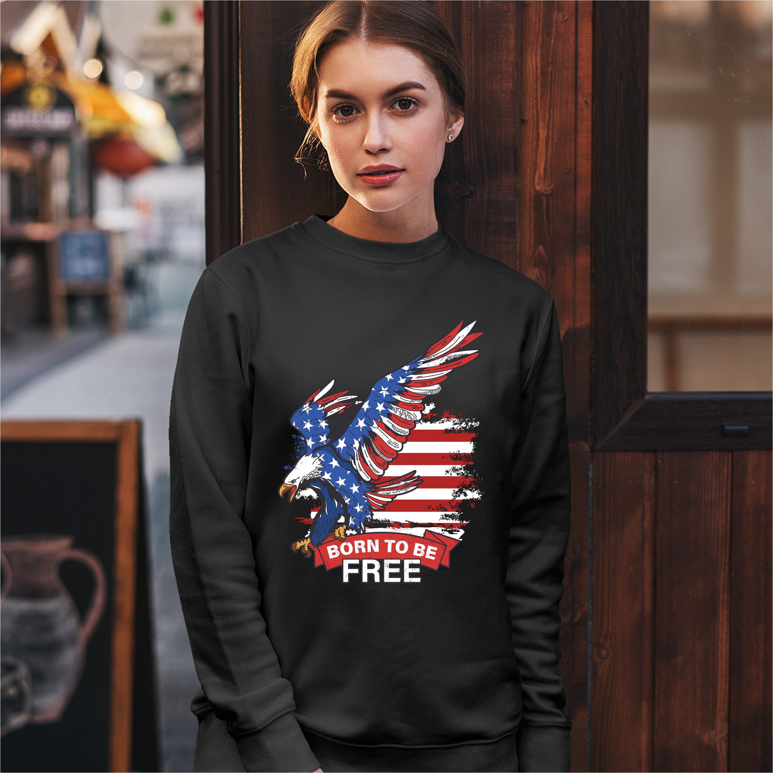 Diving Bald Eagle Sweatshirt Born to Be Free American Flag 4th of July Crewneck