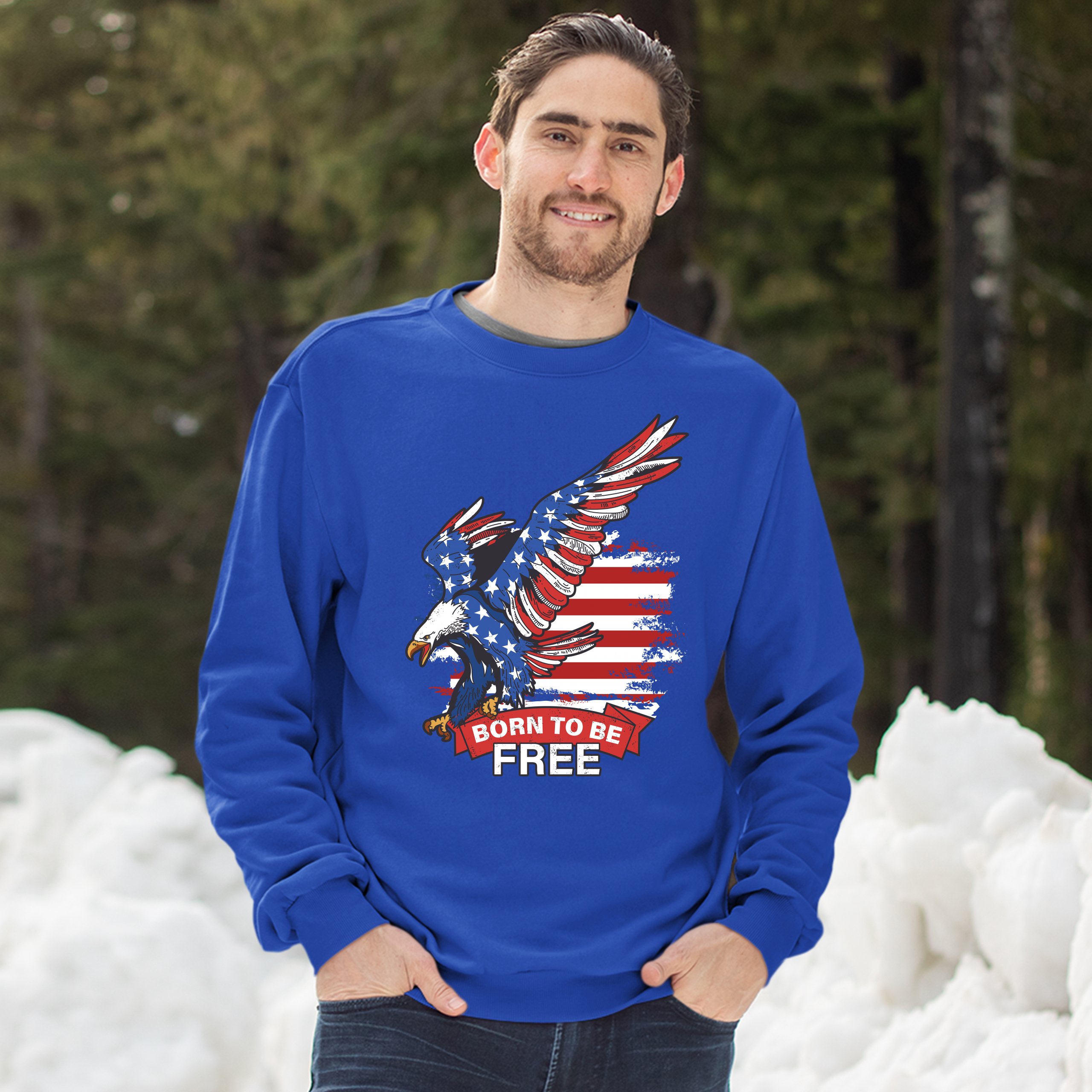 Diving Bald Eagle Sweatshirt Born to Be Free American Flag 4th of July Crewneck