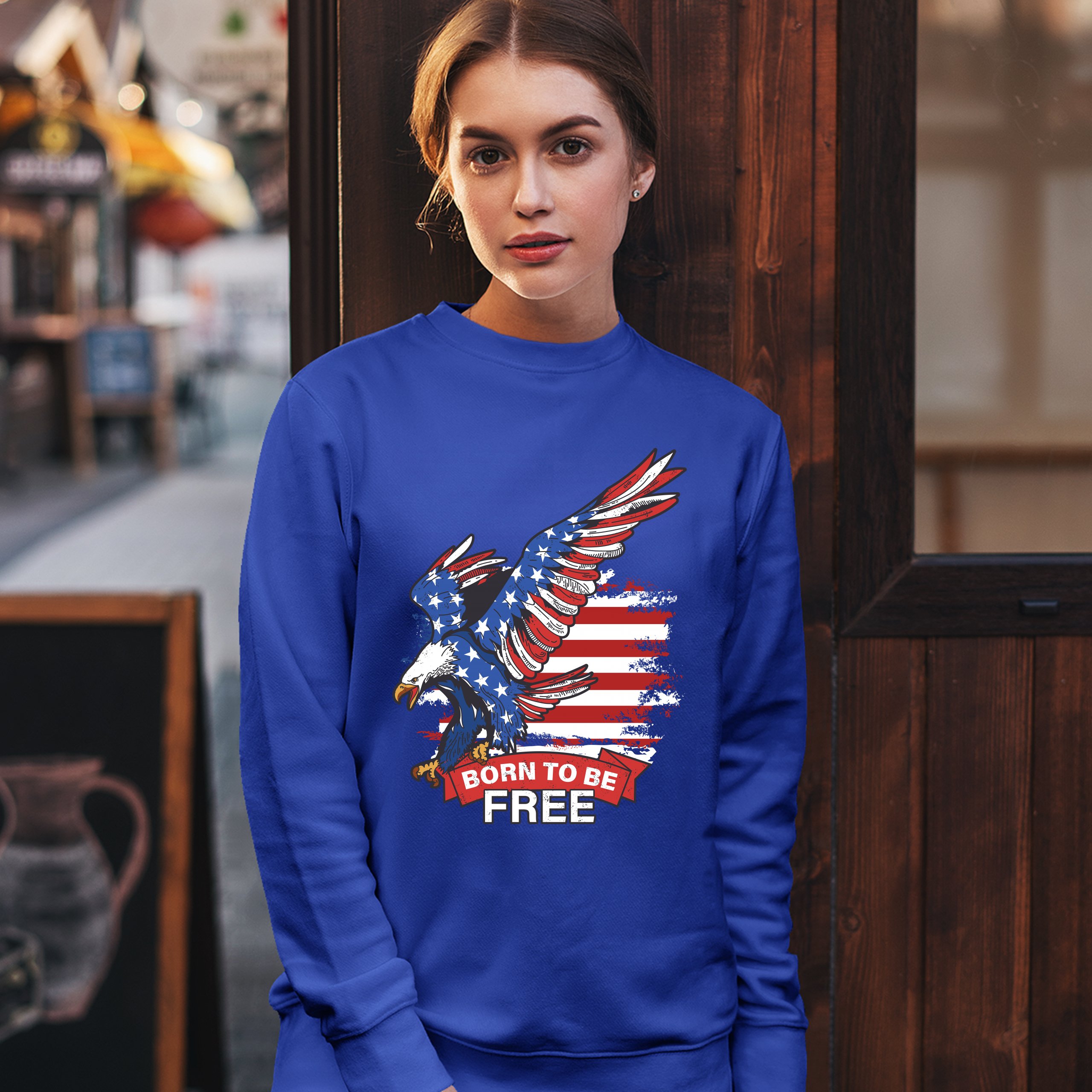 Diving Bald Eagle Sweatshirt Born to Be Free American Flag 4th of July Crewneck