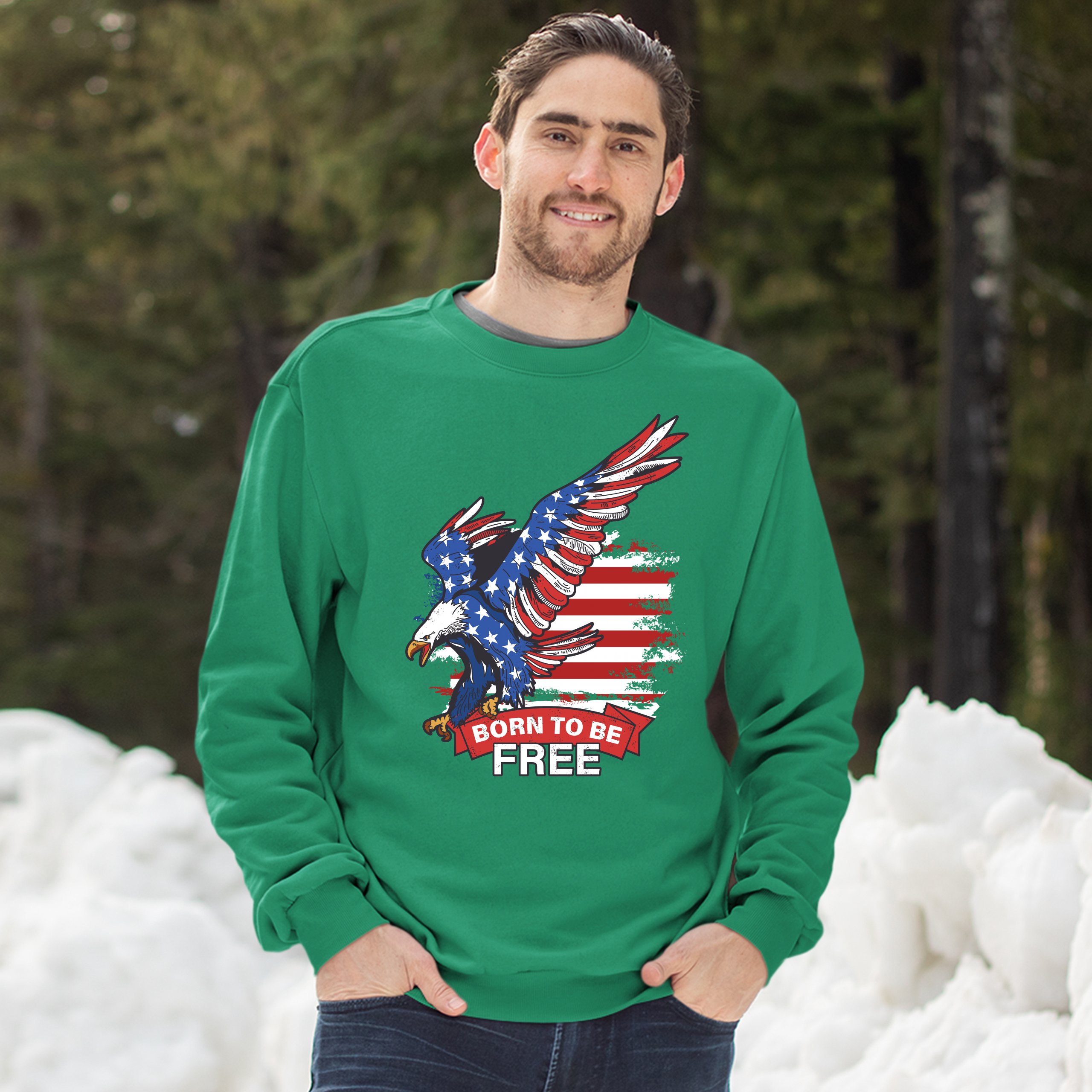 Diving Bald Eagle Sweatshirt Born to Be Free American Flag 4th of July Crewneck