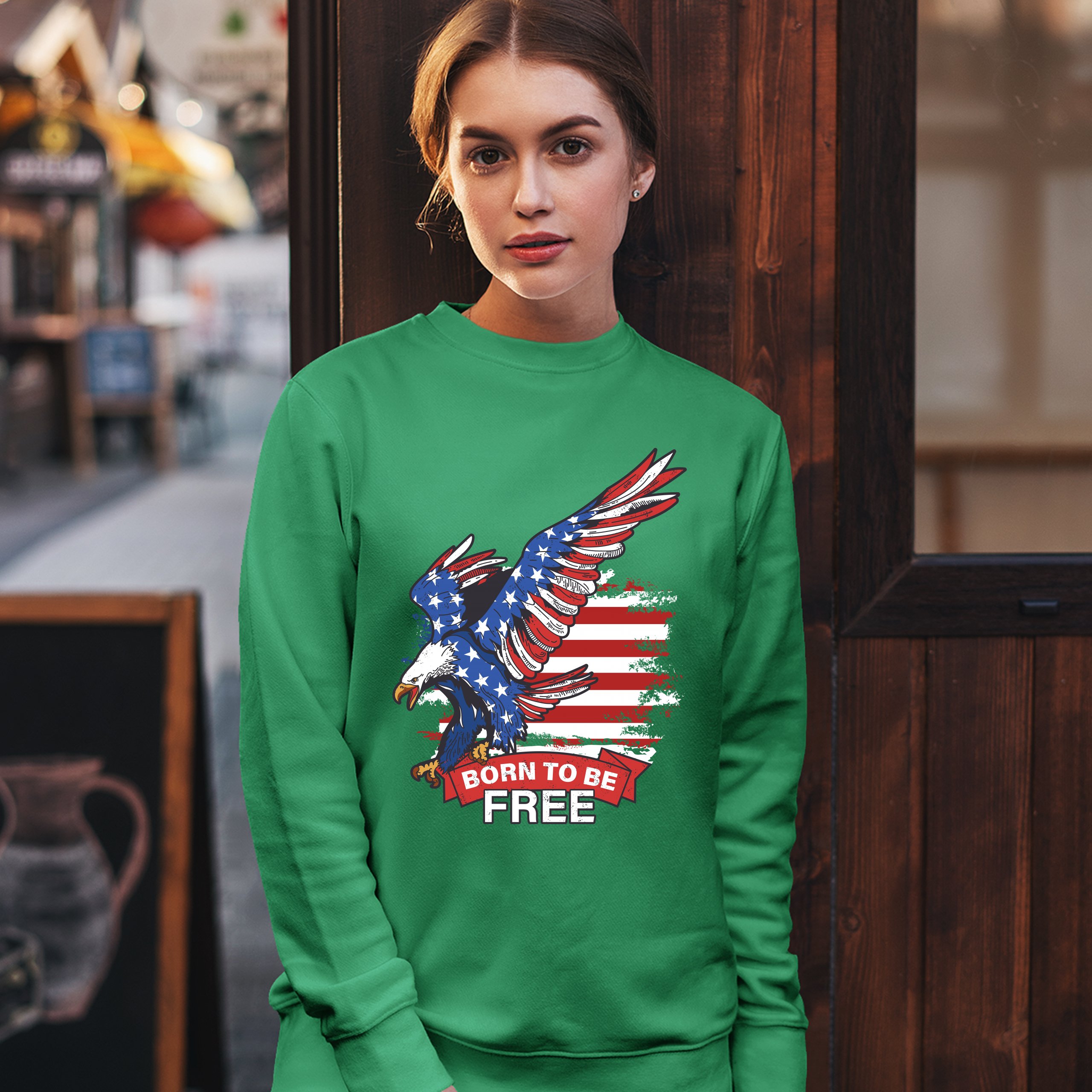 Diving Bald Eagle Sweatshirt Born to Be Free American Flag 4th of July Crewneck