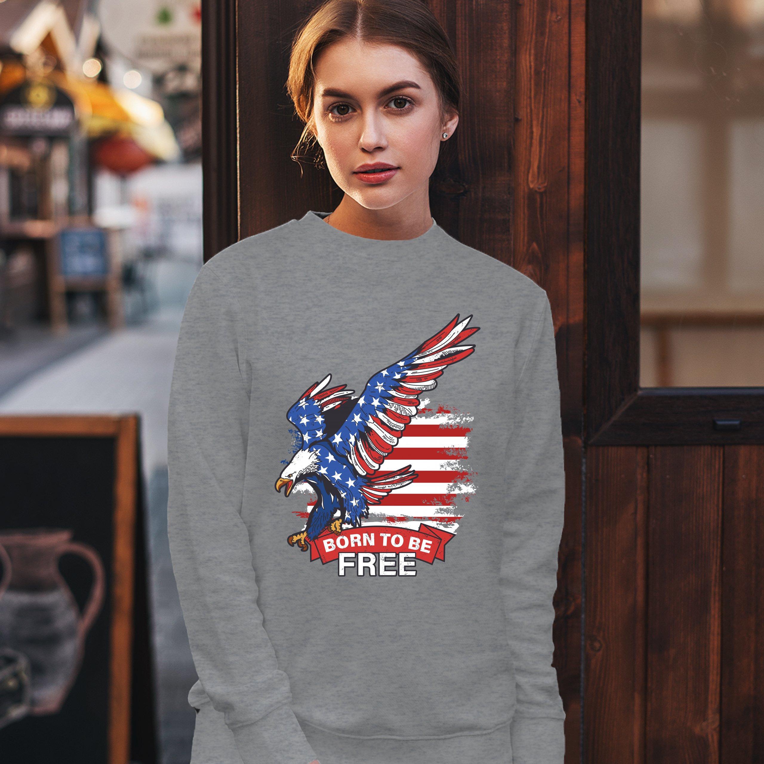 Diving Bald Eagle Sweatshirt Born to Be Free American Flag 4th of July Crewneck